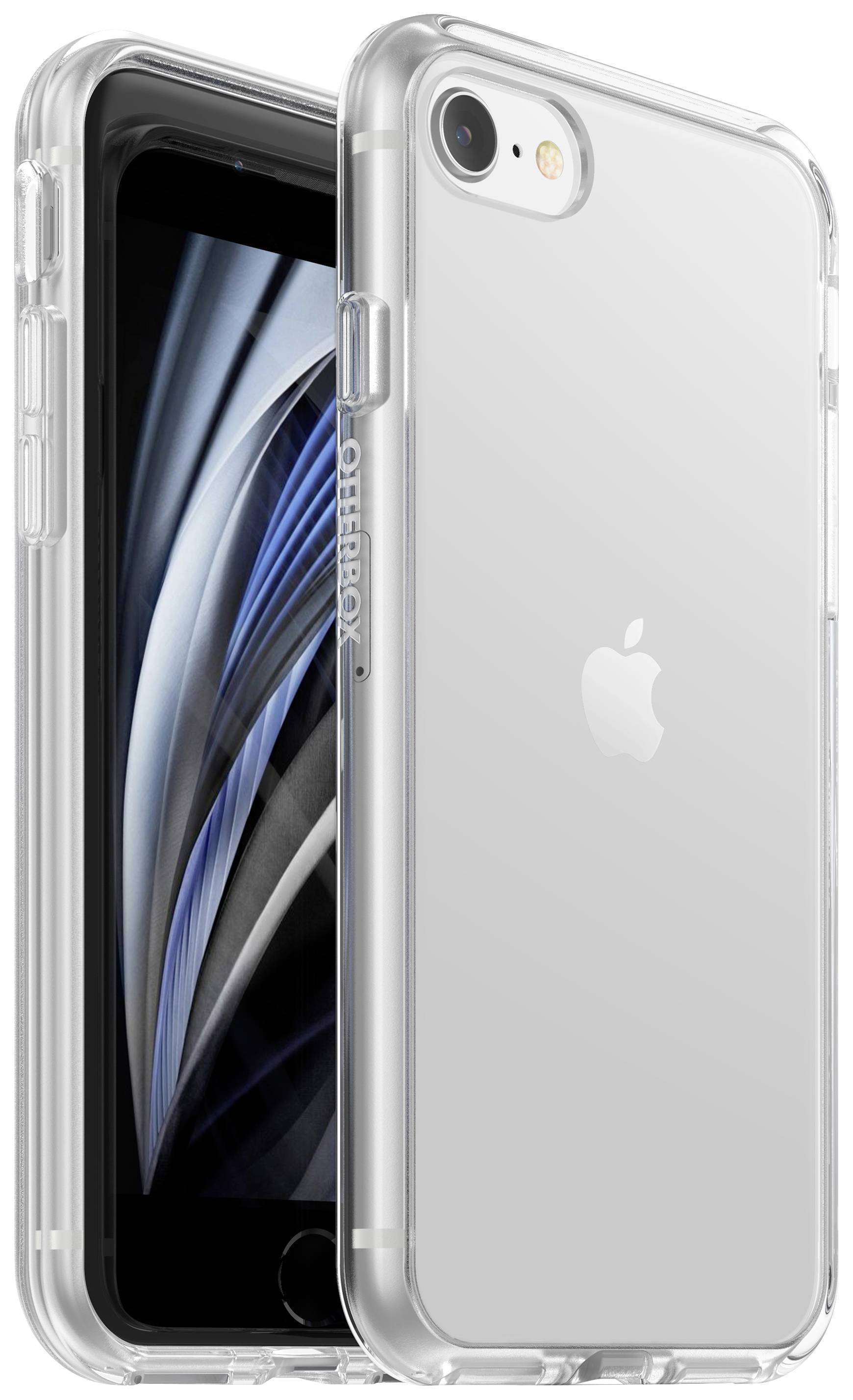Un smartphone con custodia protettiva trasparente che mostra il lato anteriore e posteriore. Sul display sono visibili motivi astratti.