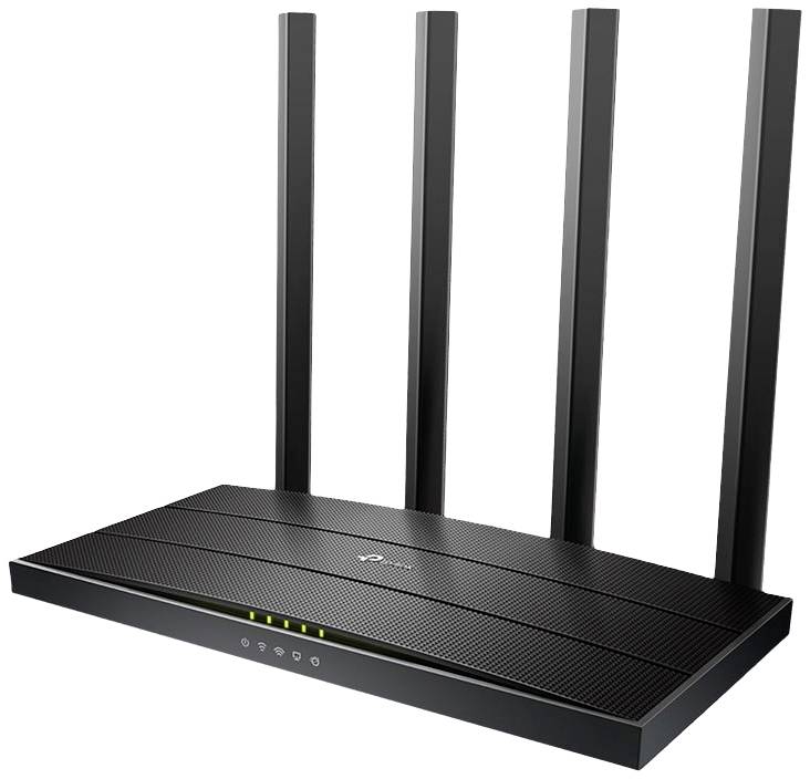 Un router Wi-Fi nero con quattro antenne e diversi indicatori luminosi sul lato frontale che mostrano lo stato del dispositivo.