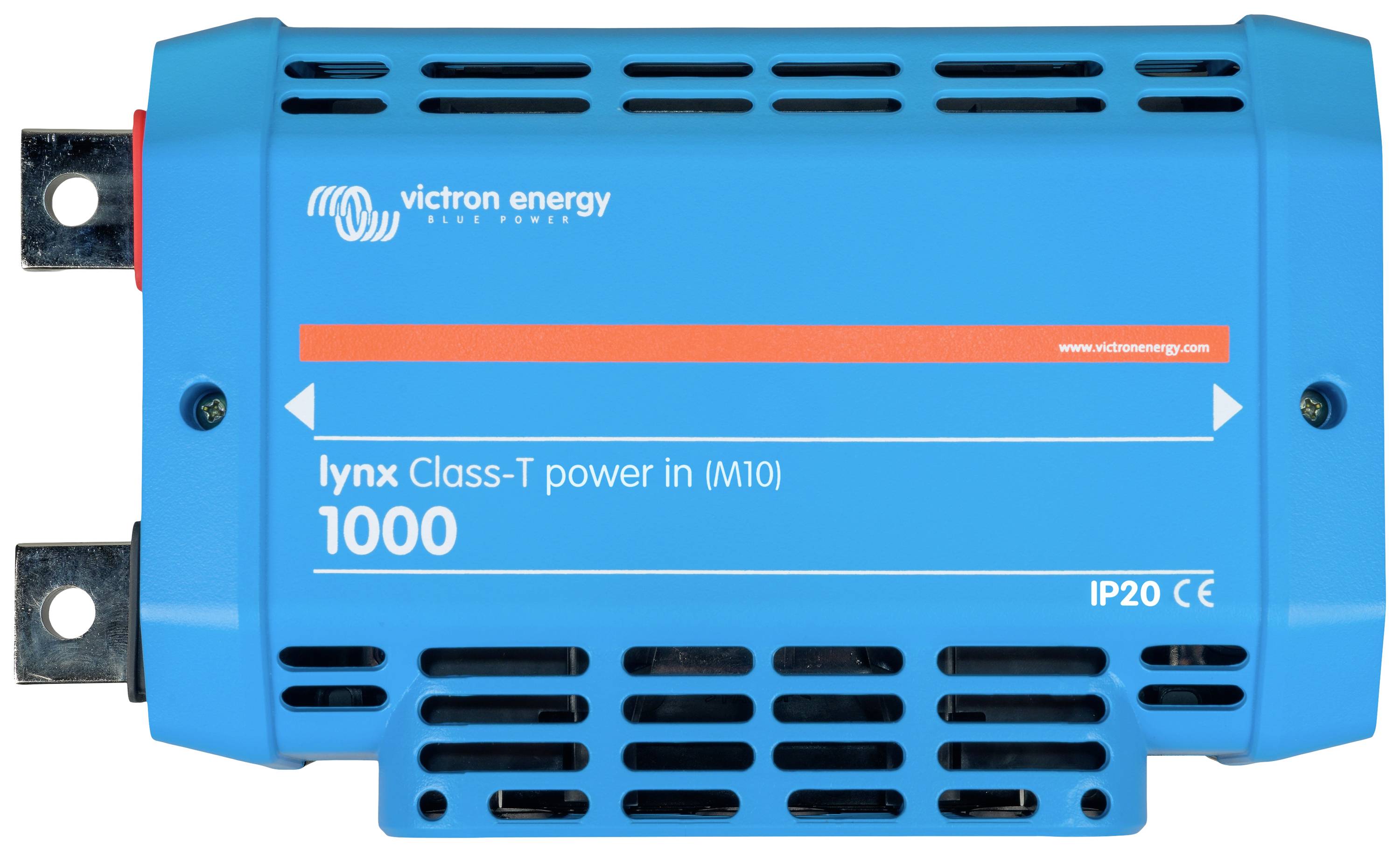 Distributore di energia Victron Energy Lynx di colore blu con scritta 'Class-T power in (M10) 1000'. Idoneo per IP20, certificato CE.