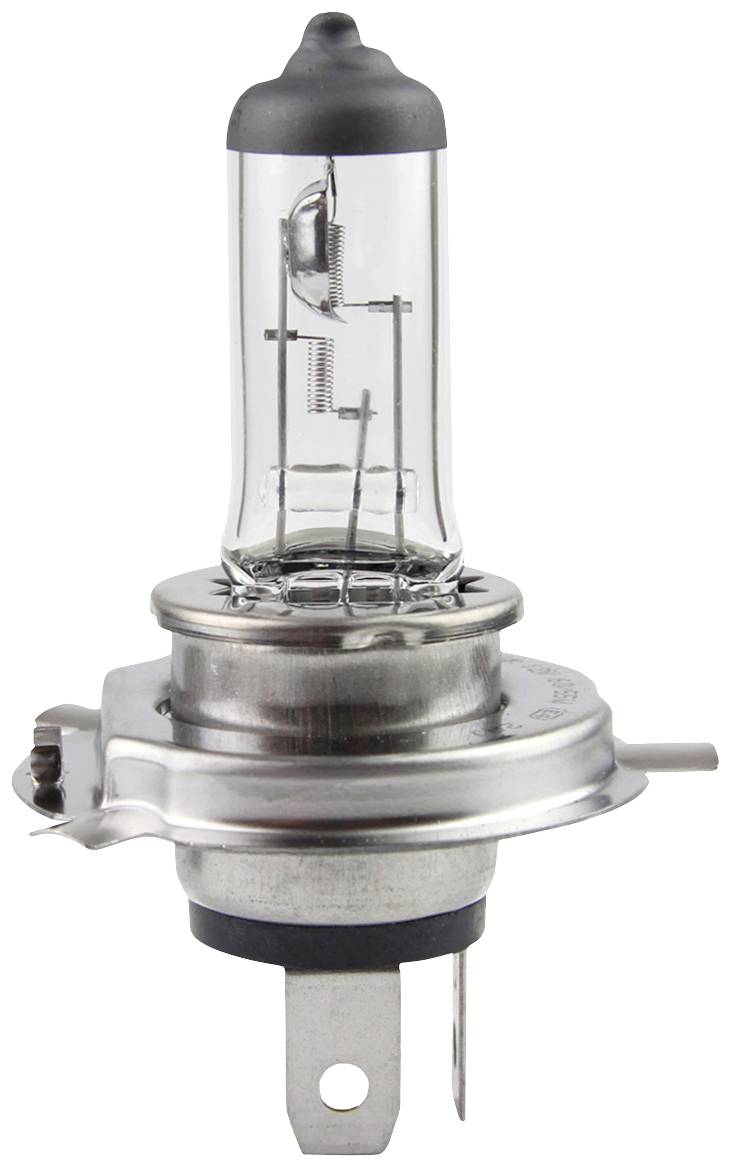 Un faro alogeno per auto chiaro con base metallica e due contatti, in posizione verticale su sfondo bianco.