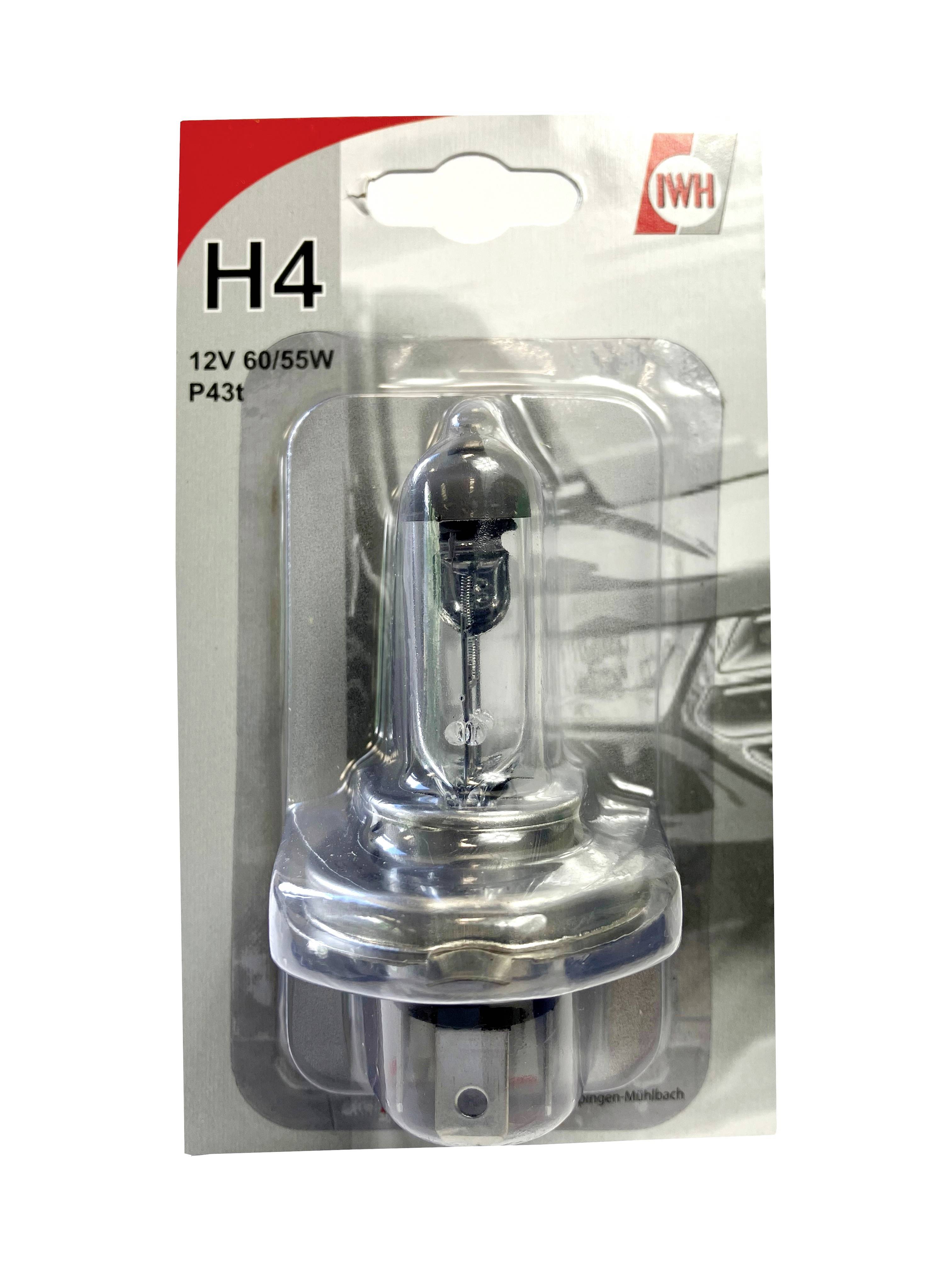 Una lampadina H4 in una confezione con la scritta '12V 60/55W'. Adatta per fari di veicoli.