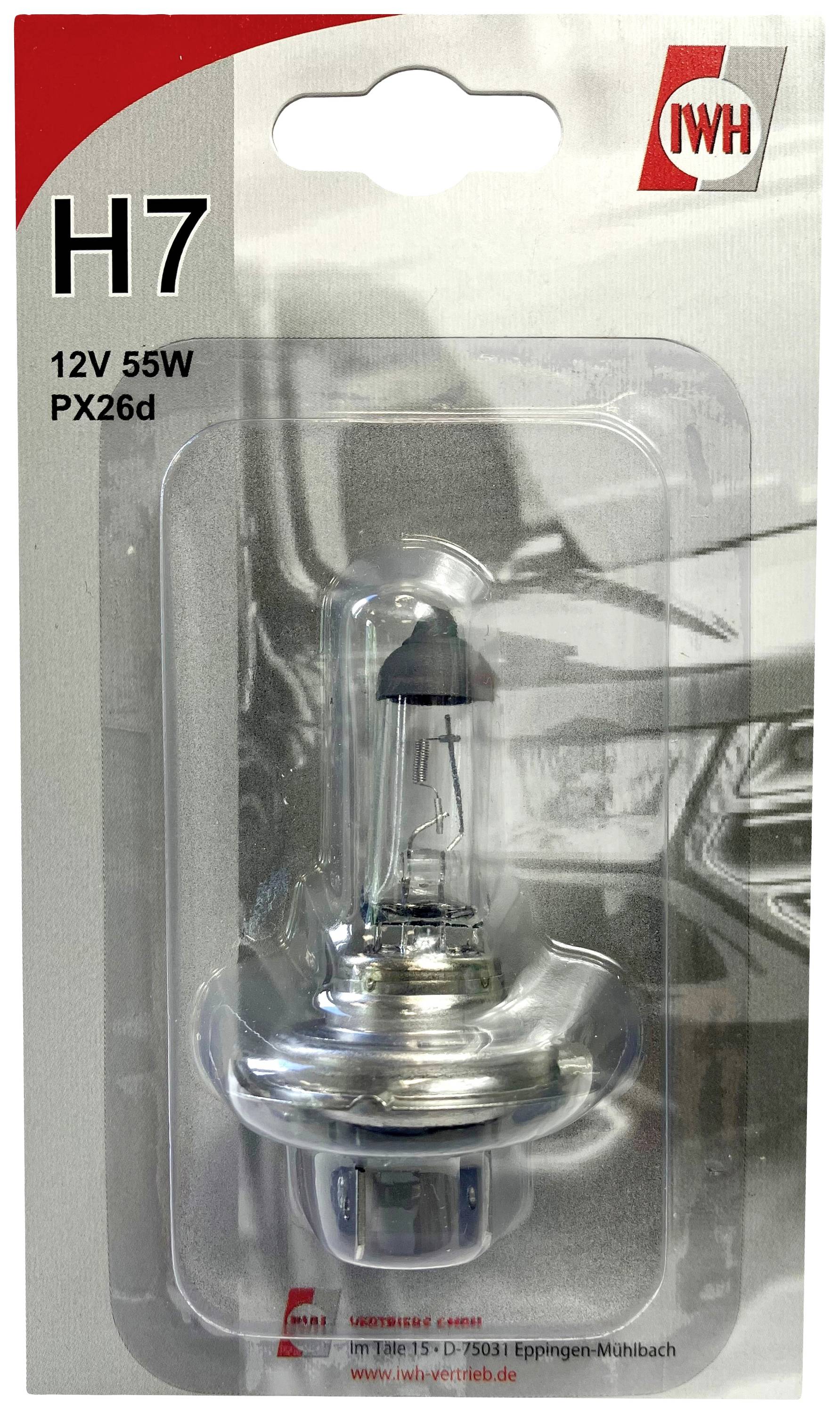 Confezione di una lampada alogena H7, 12V 55W, PX26d, con motivo di veicolo sullo sfondo. Logo del marchio in alto a destra.