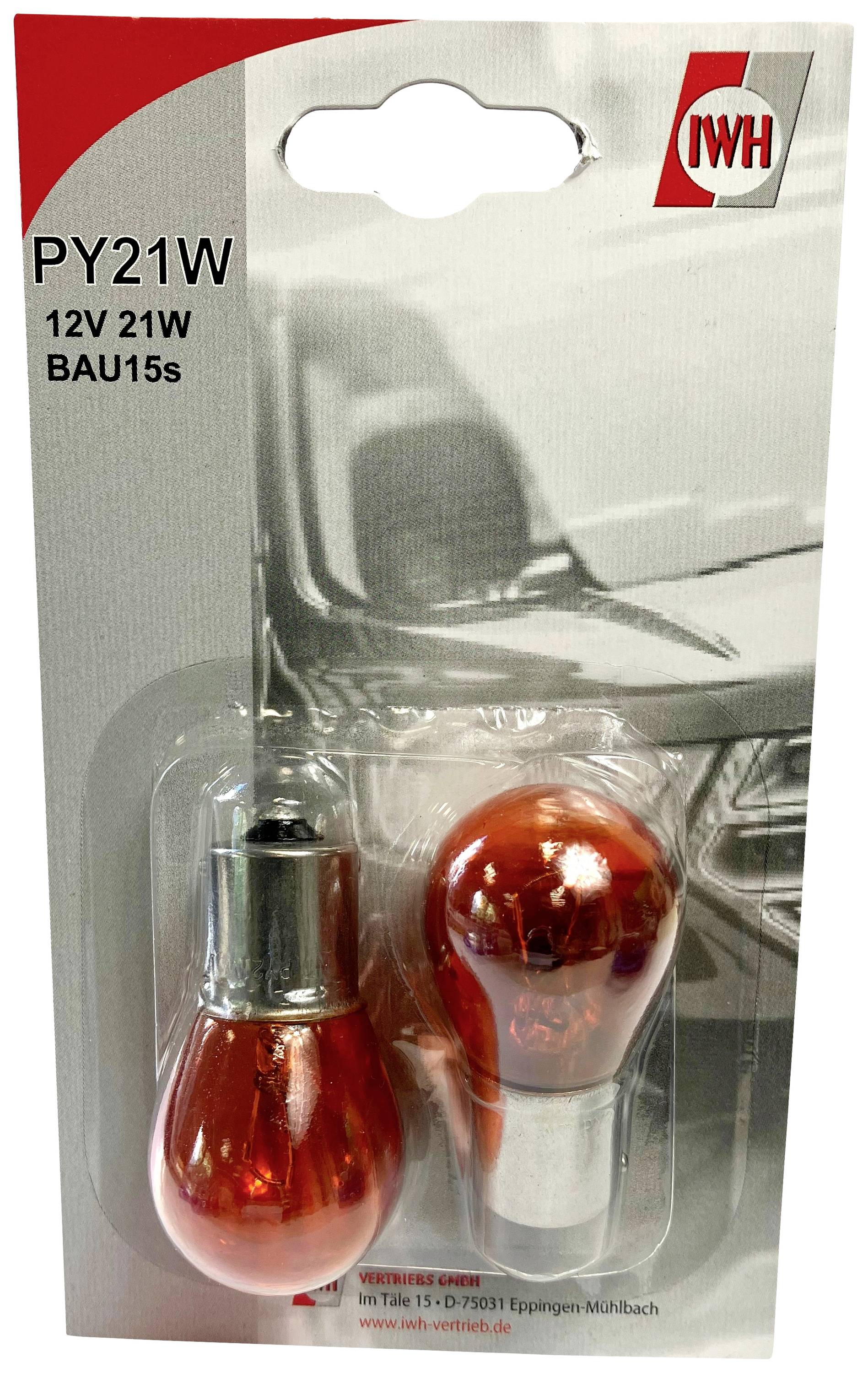 Due lampadine arancioni per auto in una confezione, su uno sfondo con l'immagine di un veicolo. Le lampadine sono PY21W, 12V 21W.