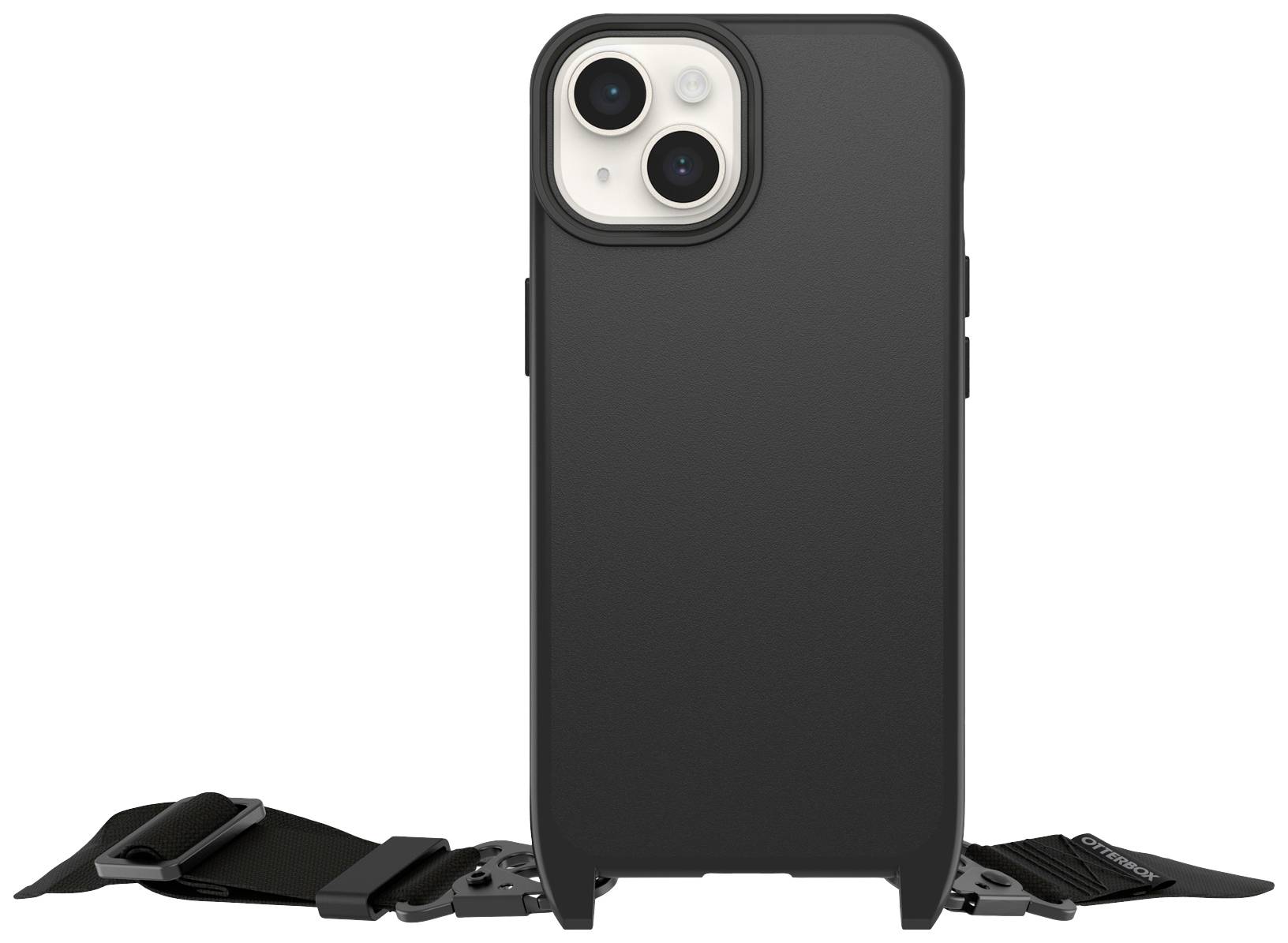 Custodia per smartphone nera con due tagli per fotocamere e cinghia removibile. Adatta per essere fissata a indumenti o borse.