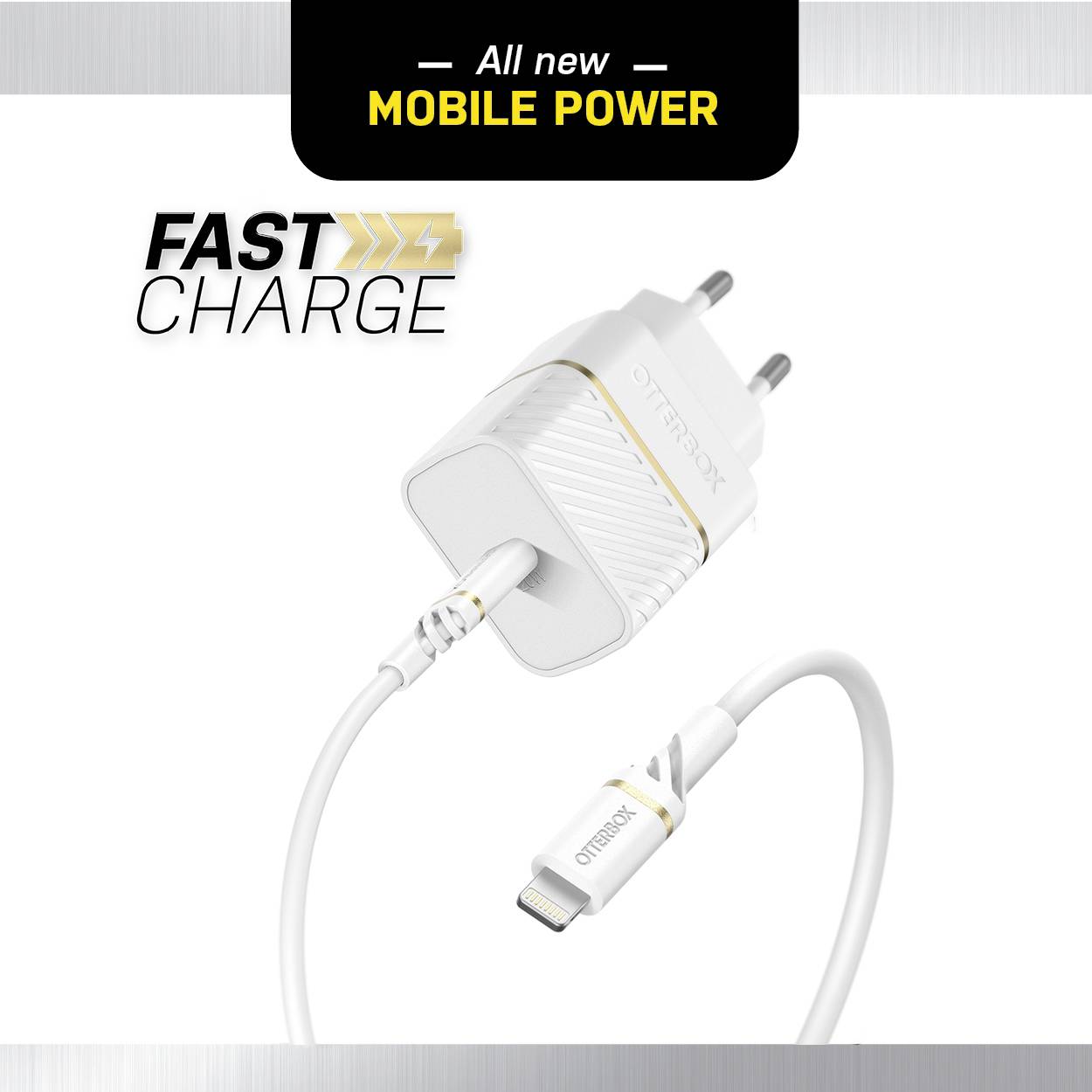 Caricabatterie di Otterbox con porta USB-C e cavo. Testo: 'Tutta la nuova energia mobile' e 'Ricarica veloce'.