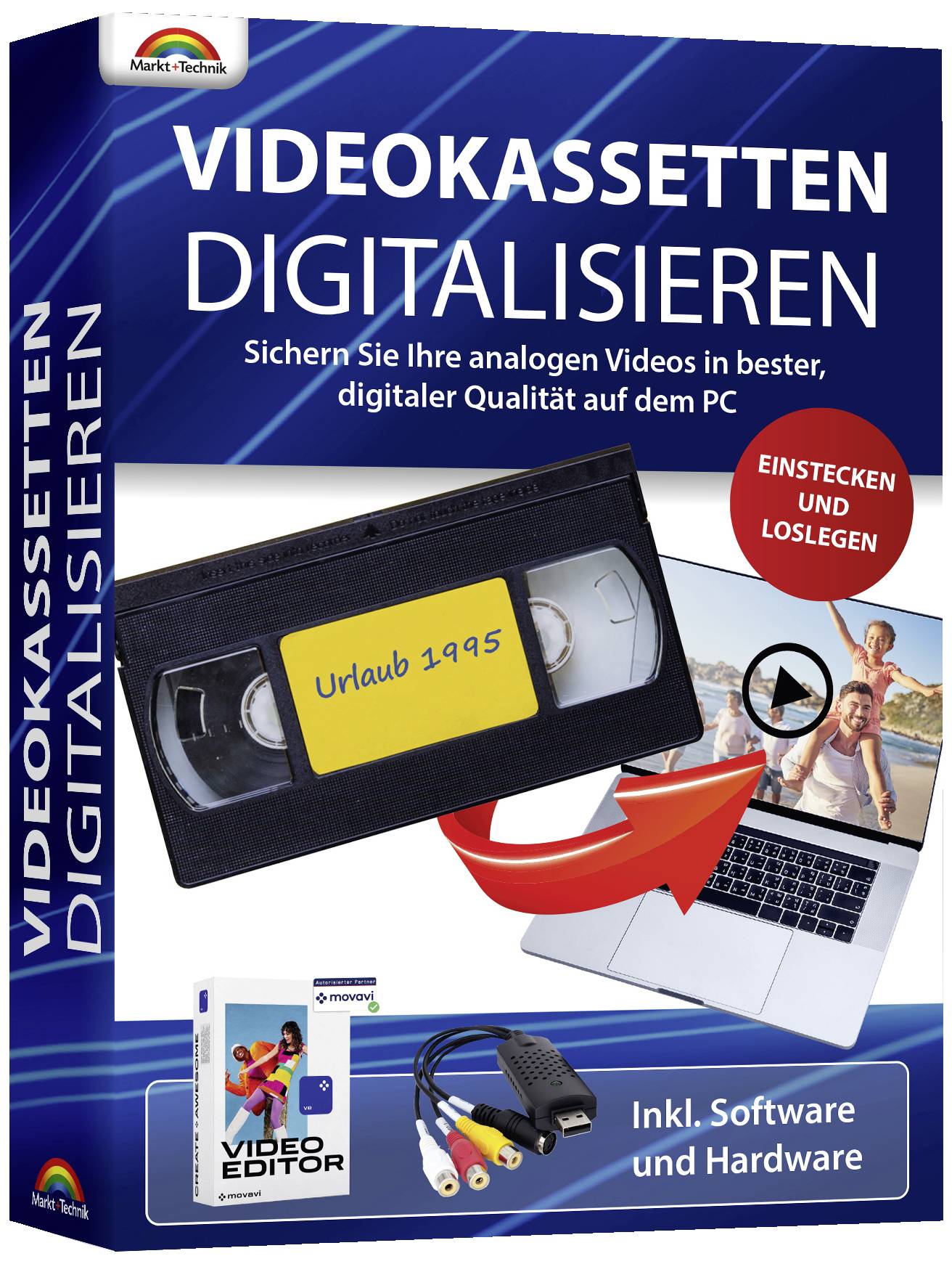 Un pacchetto di prodotti per la digitalizzazione di videocassette, comprende hardware e software. Immagine di una cassetta VHS con "Vacanze 1995".