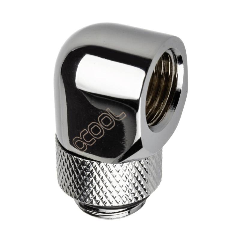 Adattatore angolare cromato per sistemi di raffreddamento ad acqua con attacchi filettati, design robusto per connessioni sicure e flessibili.