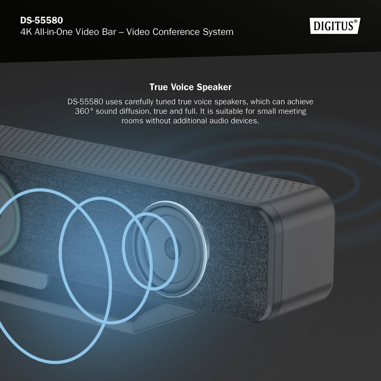 Una barra per videoconferenze nera in 4K con altoparlanti e telecamera integrati. Testo: 'True Voice Speaker', che spiega la distribuzione del suono a 360 gradi.