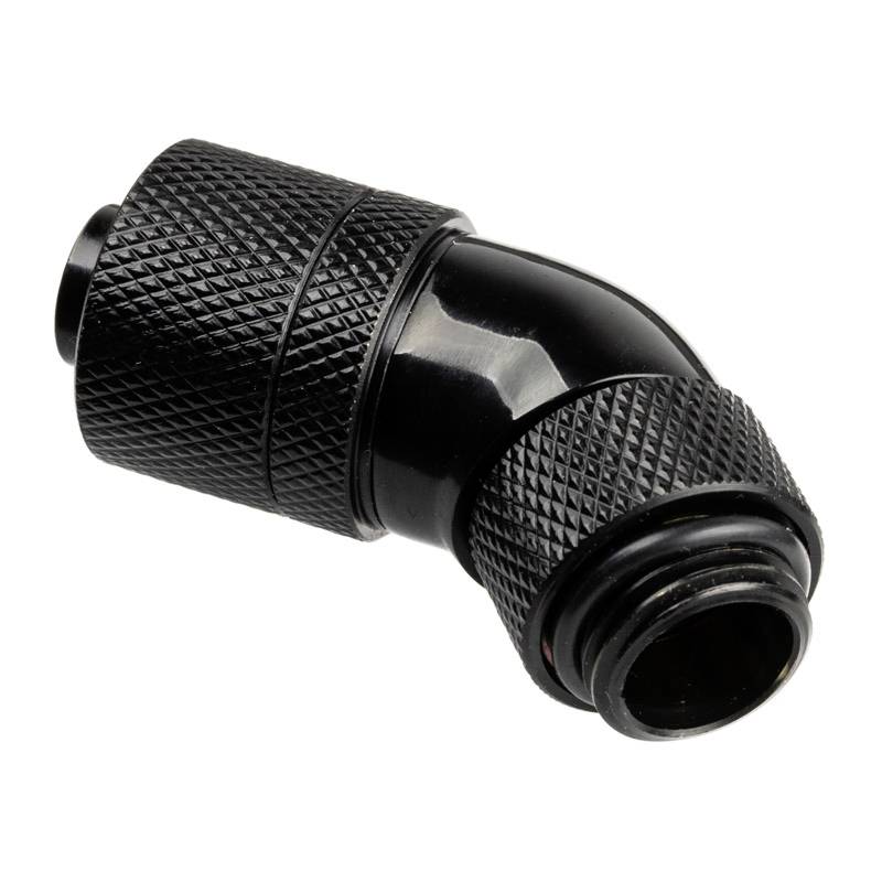 Raccordo nero in metallo angolato, con impugnature zigrinata, utilizzato per connessioni di tubi o tubi flessibili in applicazioni tecniche.
