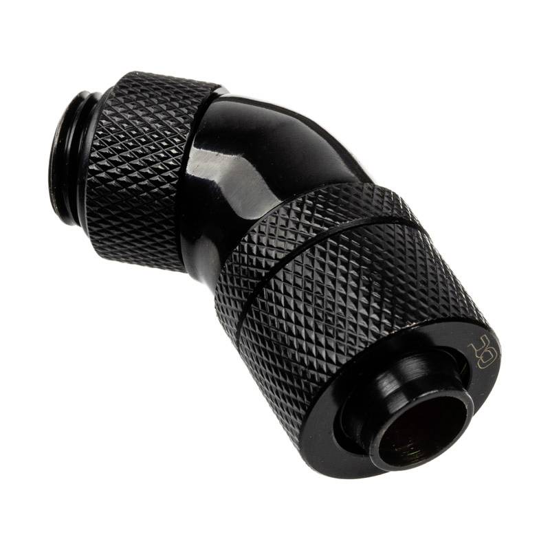 Un raccordo metallico nero angolato, utilizzato per condutture di acqua o liquidi refrigeranti in applicazioni tecniche.