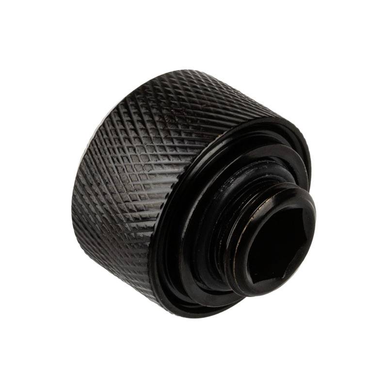 Un adattatore metallico nero con zigrinatura, con apertura esagonale in alto, spesso utilizzato per collegare utensili o componenti.