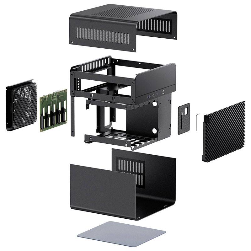 Custodia di un mini PC smontata con componenti come elementi di ventilazione, telaio, ventola e pannelli laterali, che mostra la sua struttura interna.