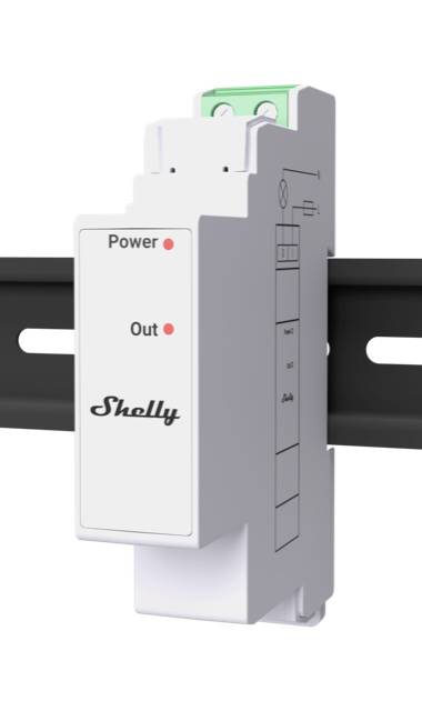 Un modulo elettrico bianco con le etichette 'Power' e 'Out', montato su una guida, mostra spie di funzionamento.