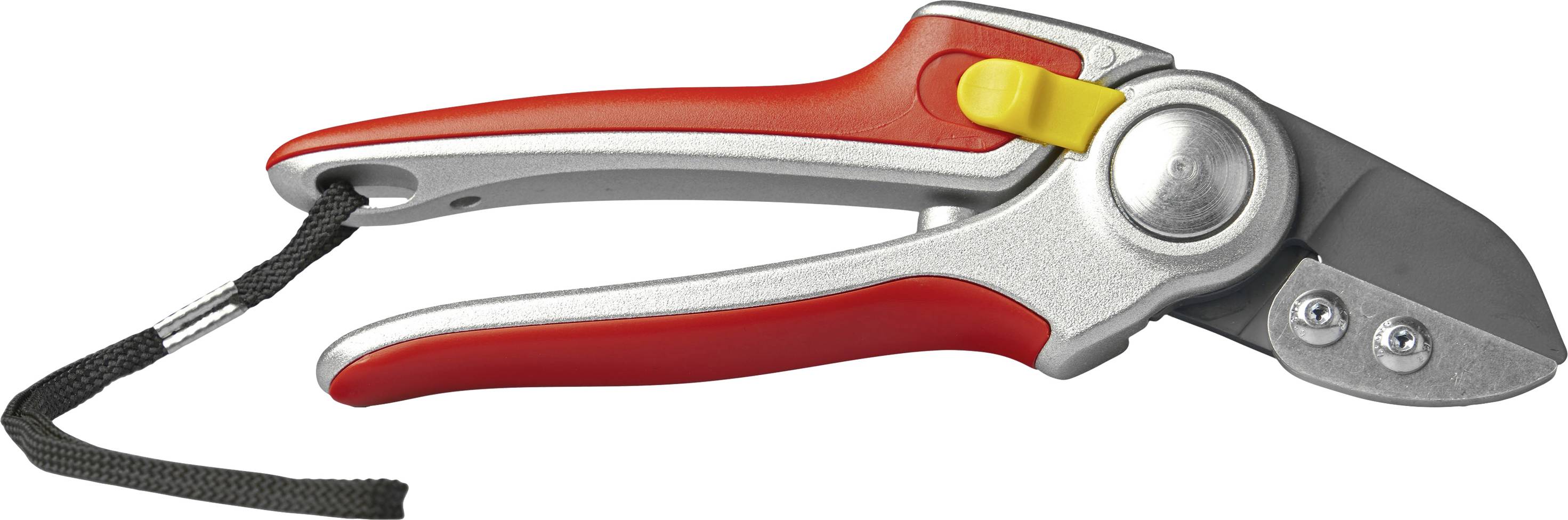Un paio di forbici da giardino rosse con inserti argentati e chiusura gialla, poggiate di lato su sfondo bianco.