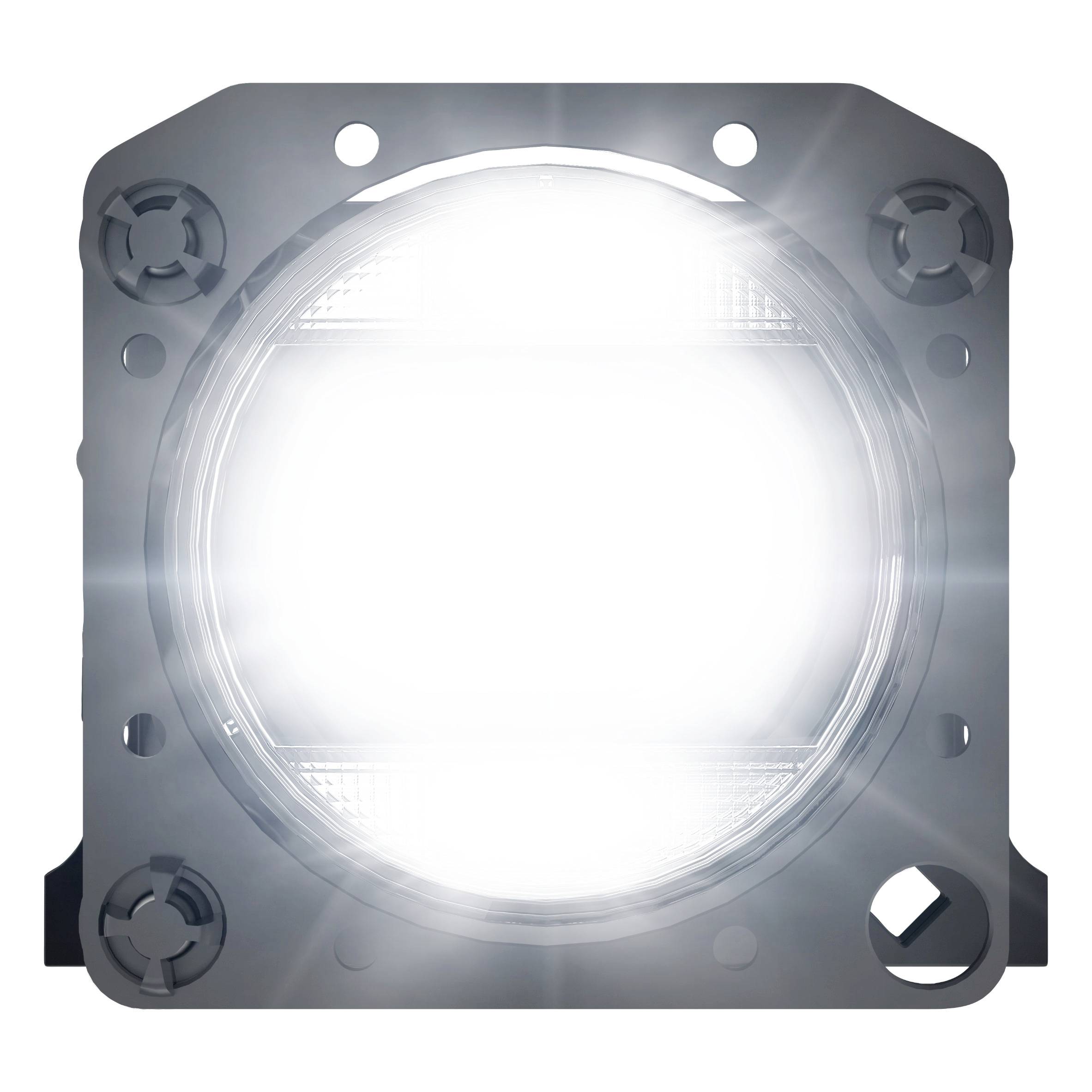 Un modulo luminoso quadrato con luce bianca intensa, circondato da un supporto rettangolare scuro.