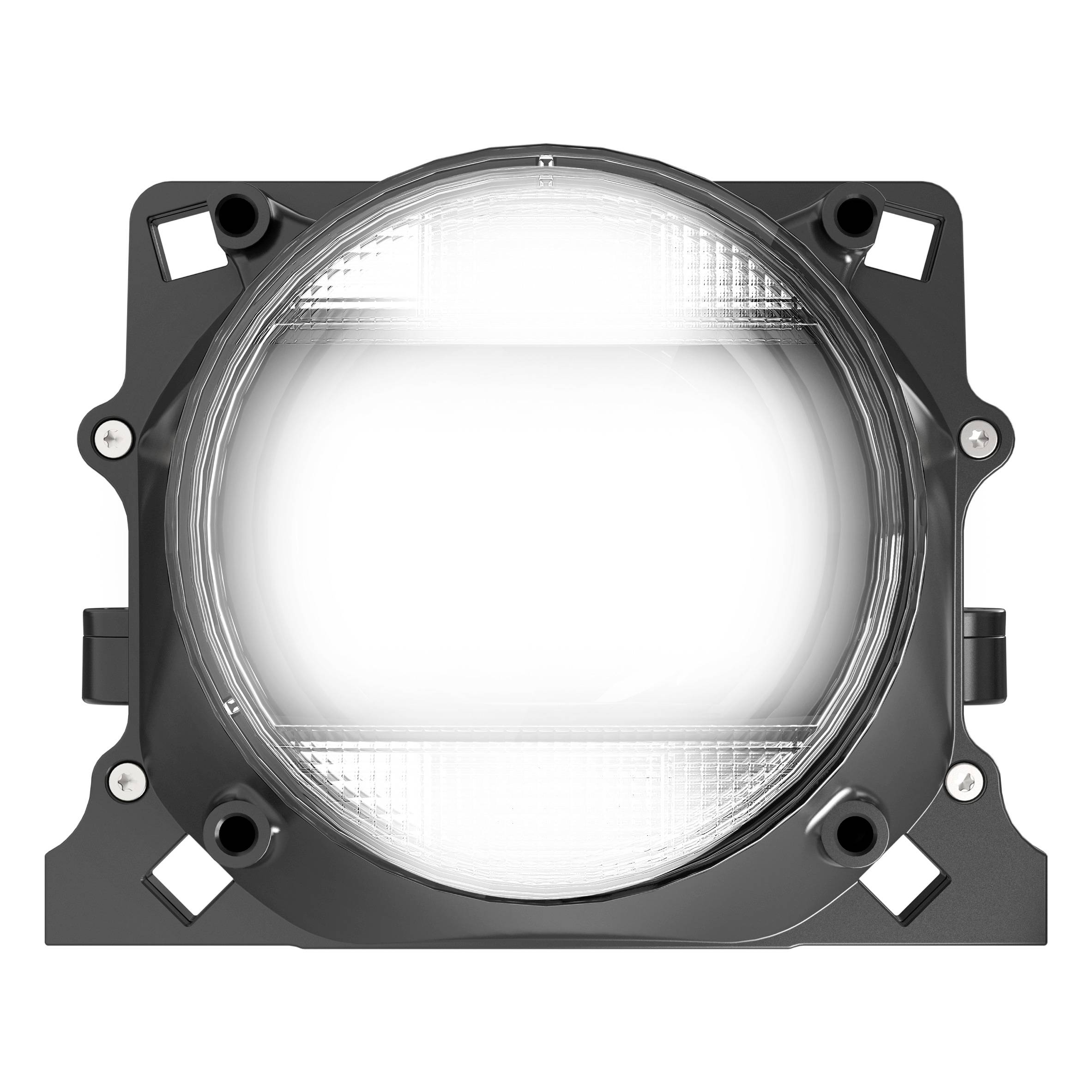 Un faretto LED quadrato nero con schermo luminoso circolare trasparente. Adatto per veicoli o macchine da lavoro.