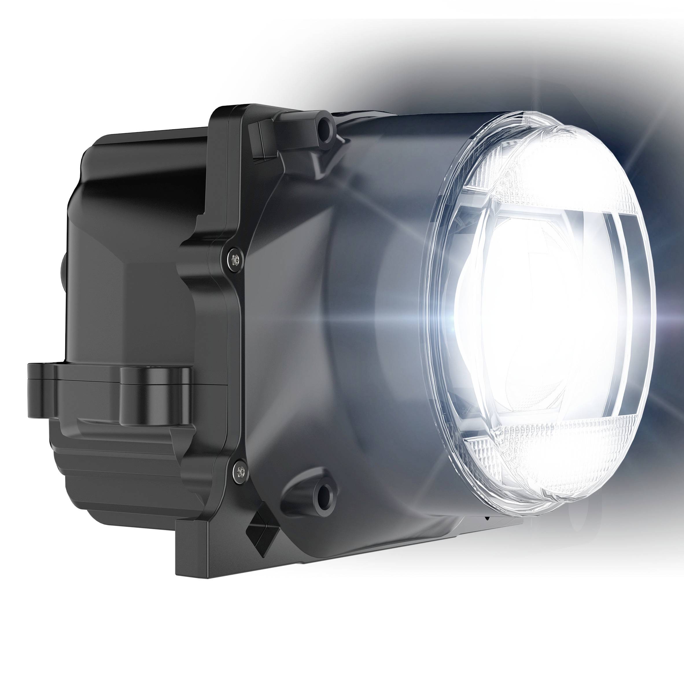 Primo piano di un faro LED nero, che mostra il design e la sorgente luminosa. Forma cilindrica con linee nitide e illuminazione brillante.
