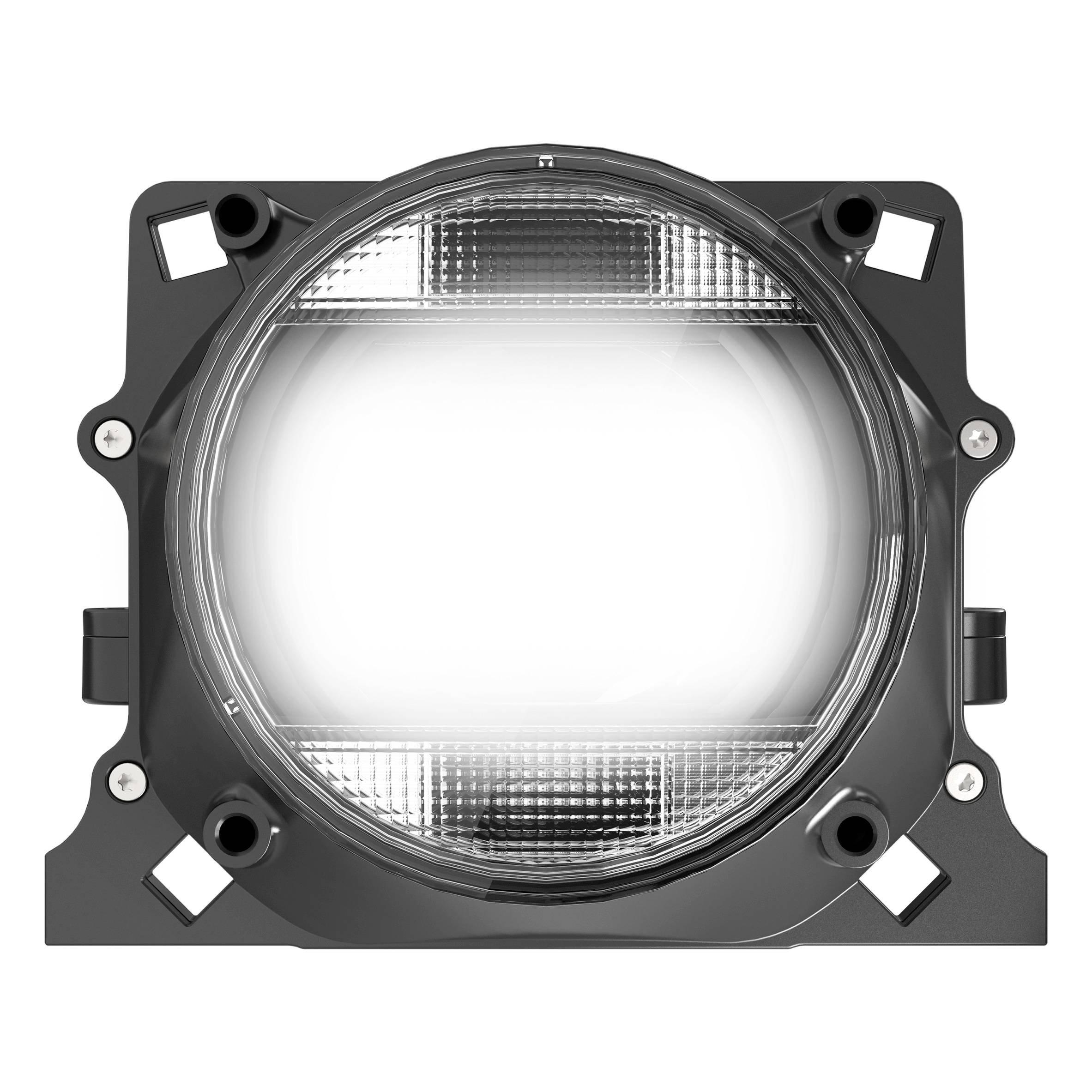 Luce LED rotonda con involucro chiaro e scanalato, montata su un supporto quadrato nero con quattro punti di fissaggio.
