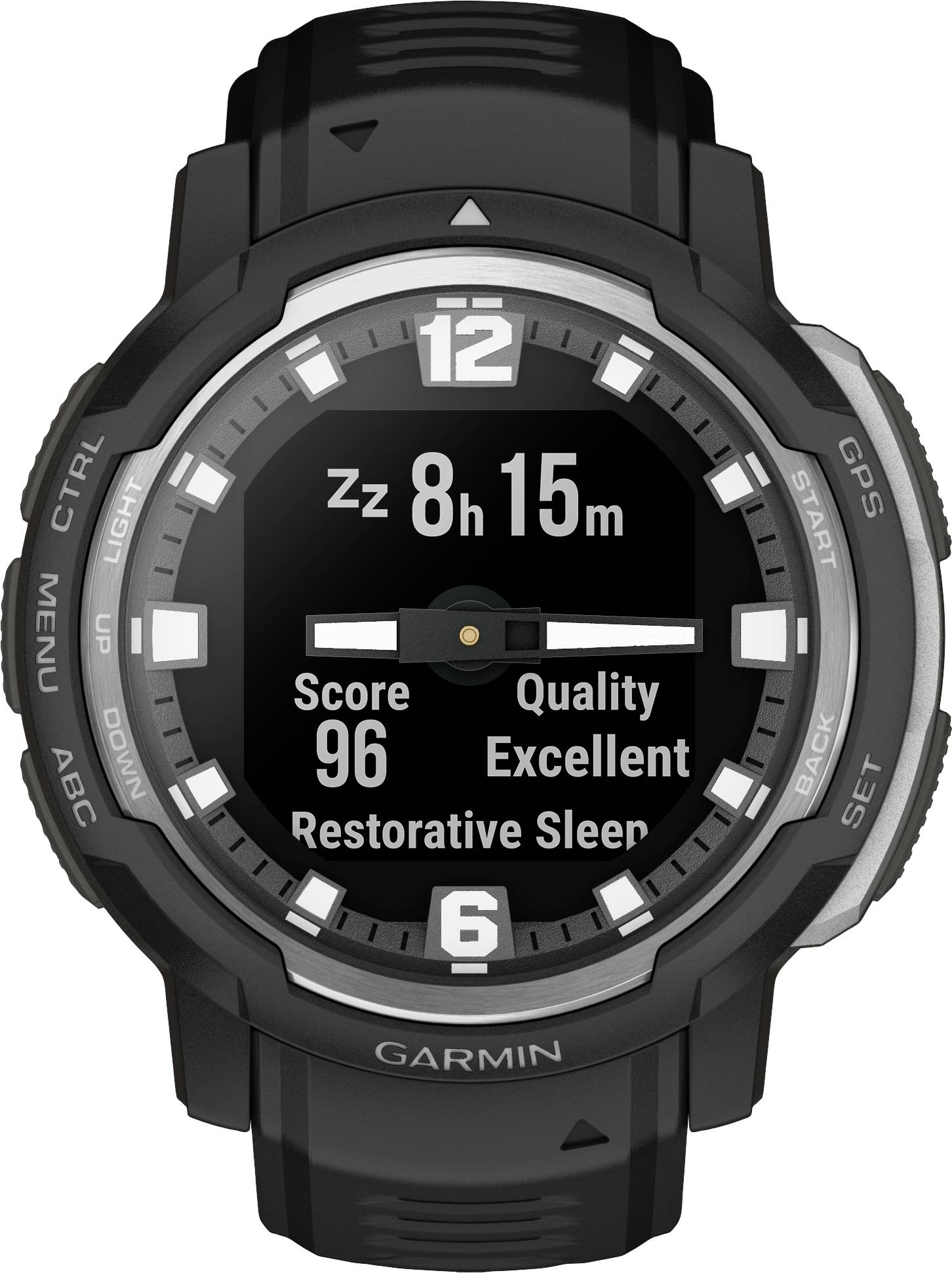 Smartwatch nera mostra '8h 15m' tempo di sonno, 'Punteggio 96', 'Qualità Eccellente', 'Sonno Ristoratore'. Ora 12:00.