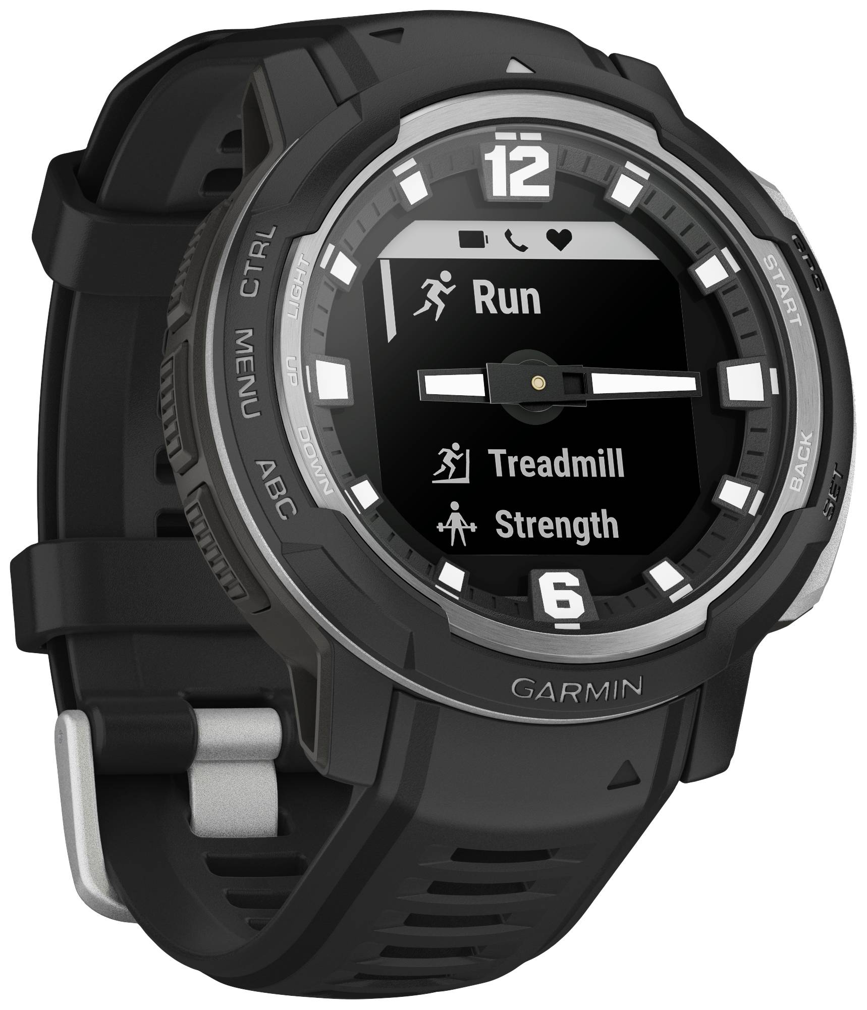 Un orologio sportivo nero con display digitale mostra le modalità 'Run', 'Treadmill' e 'Strength'.