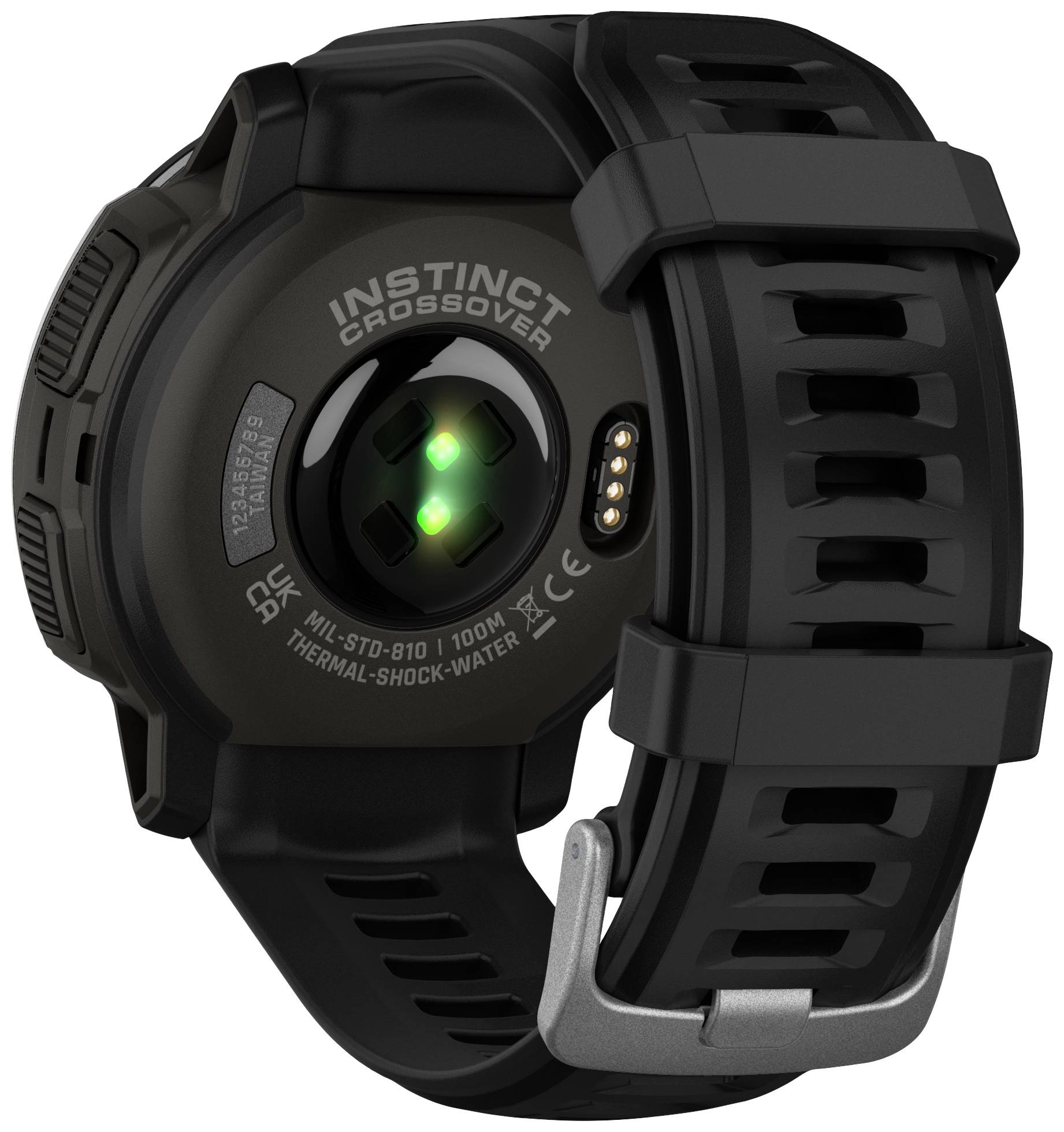 Retro di uno smartwatch outdoor nero con fibbia argentata e sensore verde illuminato al centro.