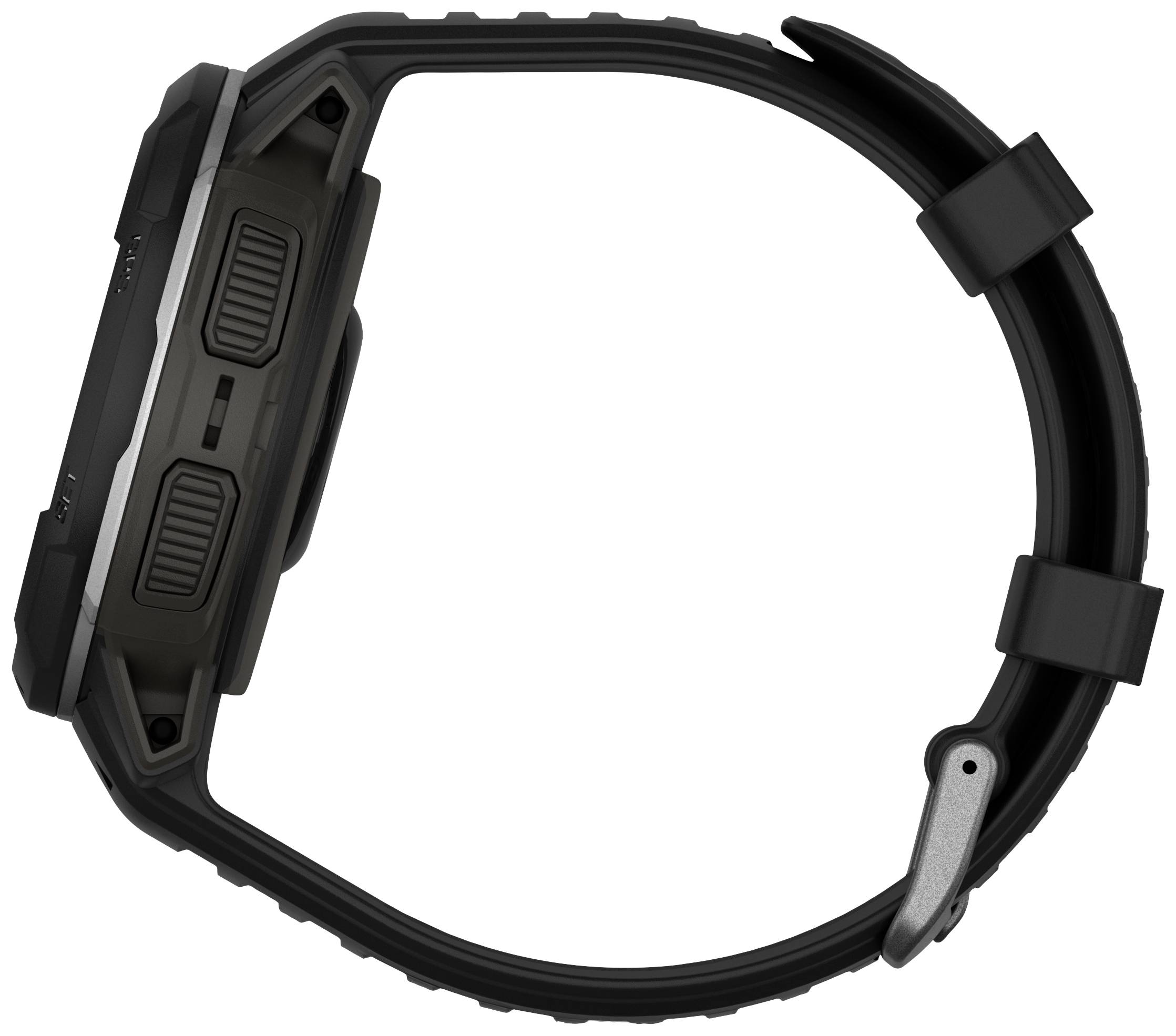 Smartwatch nera vista lateralmente, che mostra il cinturino e la forma della cassa con i pulsanti, evidenziando il design robusto.