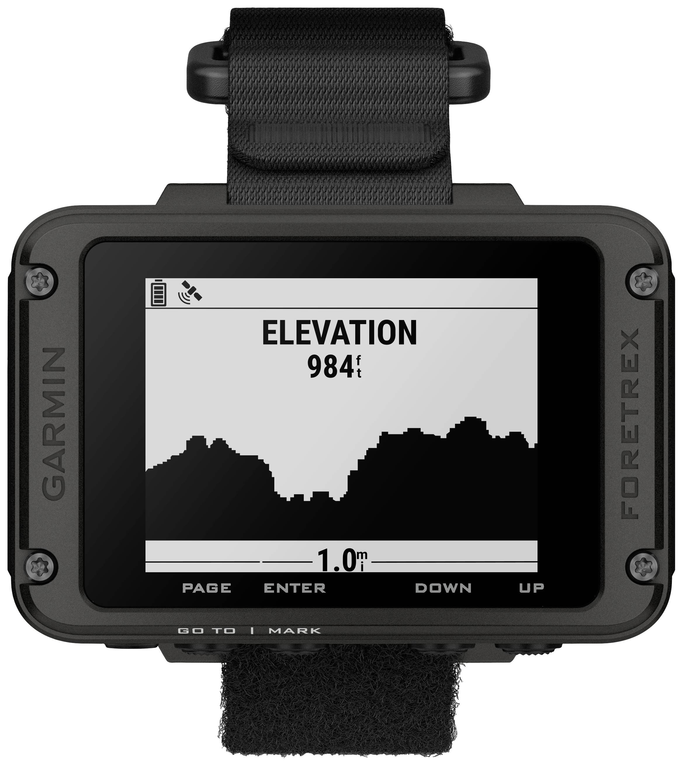Un dispositivo di navigazione outdoor mostra 'ELEVAZIONE' con un'altezza di 984 piedi sullo schermo. Grafico del profilo altimetrico sottostante.