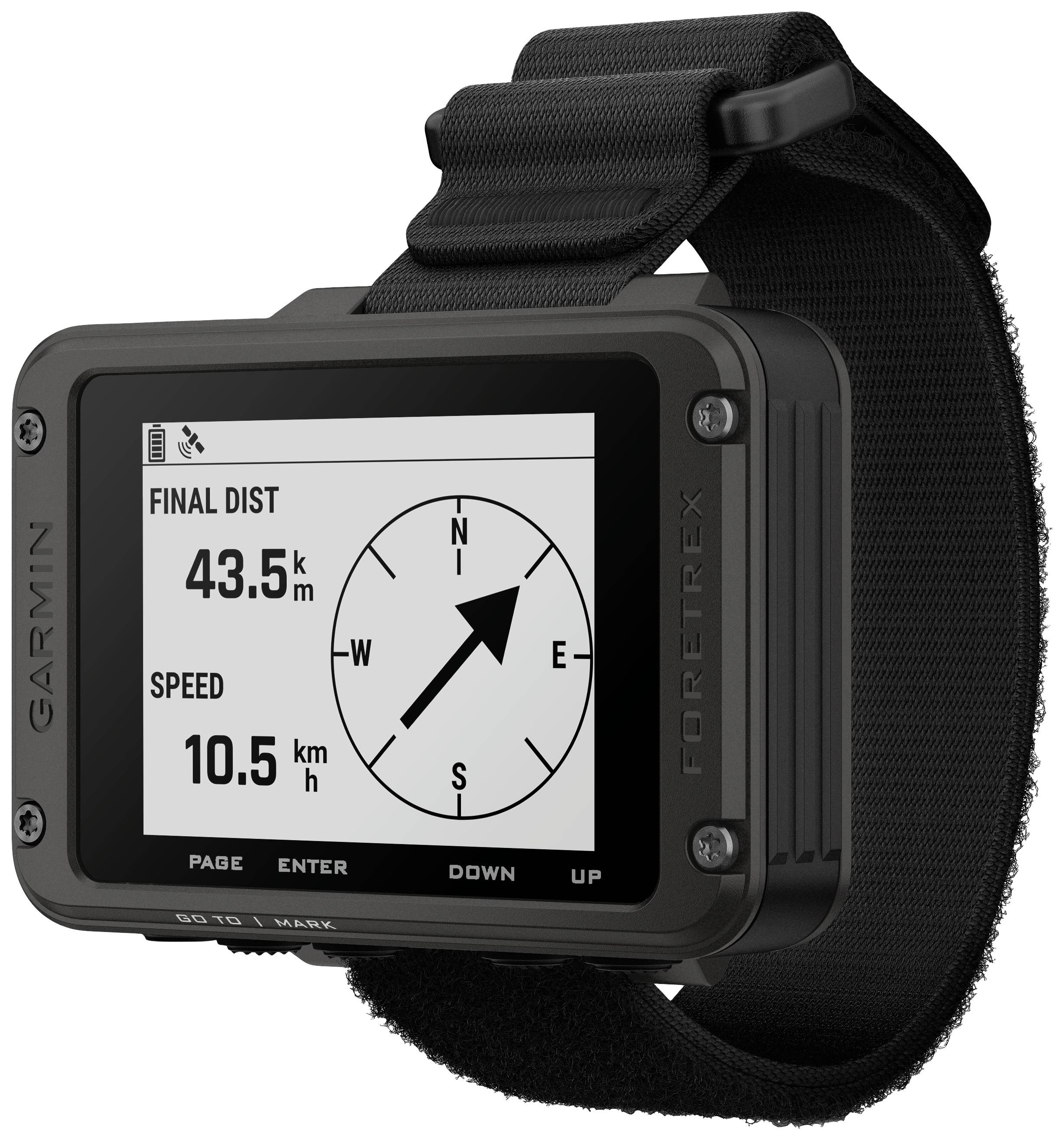 Orologio GPS portatile con indicazione di 'Distanza finale' 43,5 km e 'Velocità' 10,5 km/h. Mostra la bussola con direzione Nord.