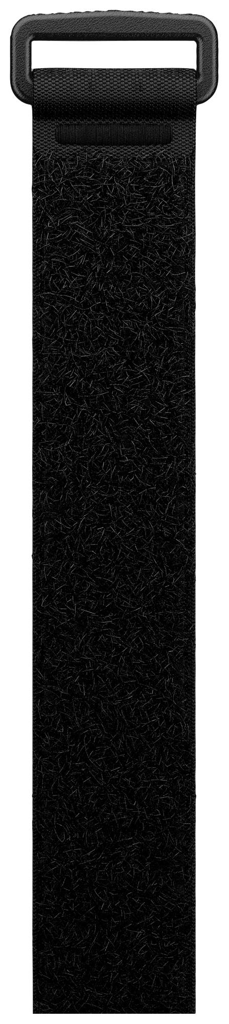 Una fascia di velcro nera e lunga con una fibbia rettangolare in plastica in alto, su sfondo bianco.