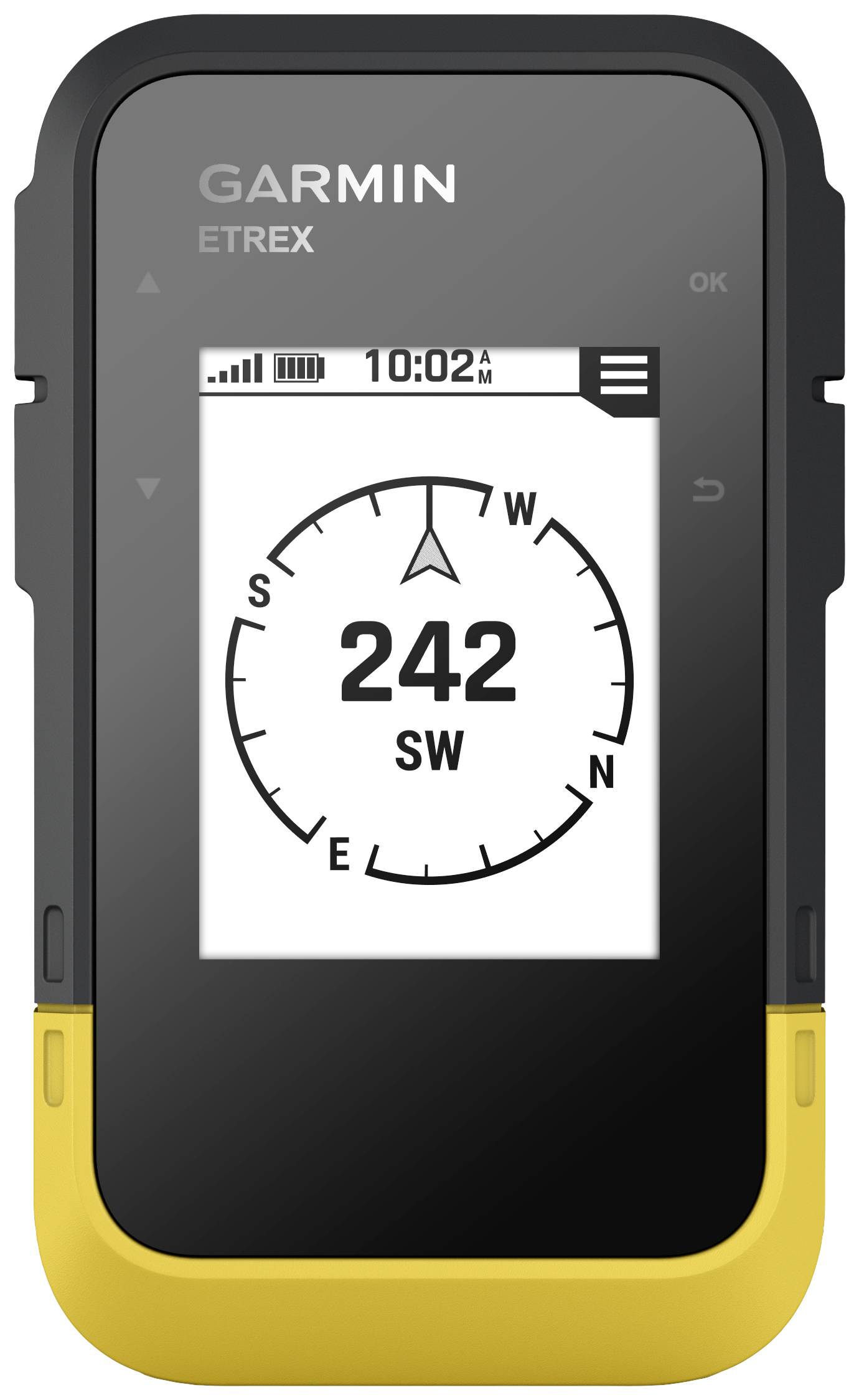 Il dispositivo GPS Garmin Etrex mostra una bussola digitale con direzione 242 gradi Sud-Ovest e l'ora 10:02.