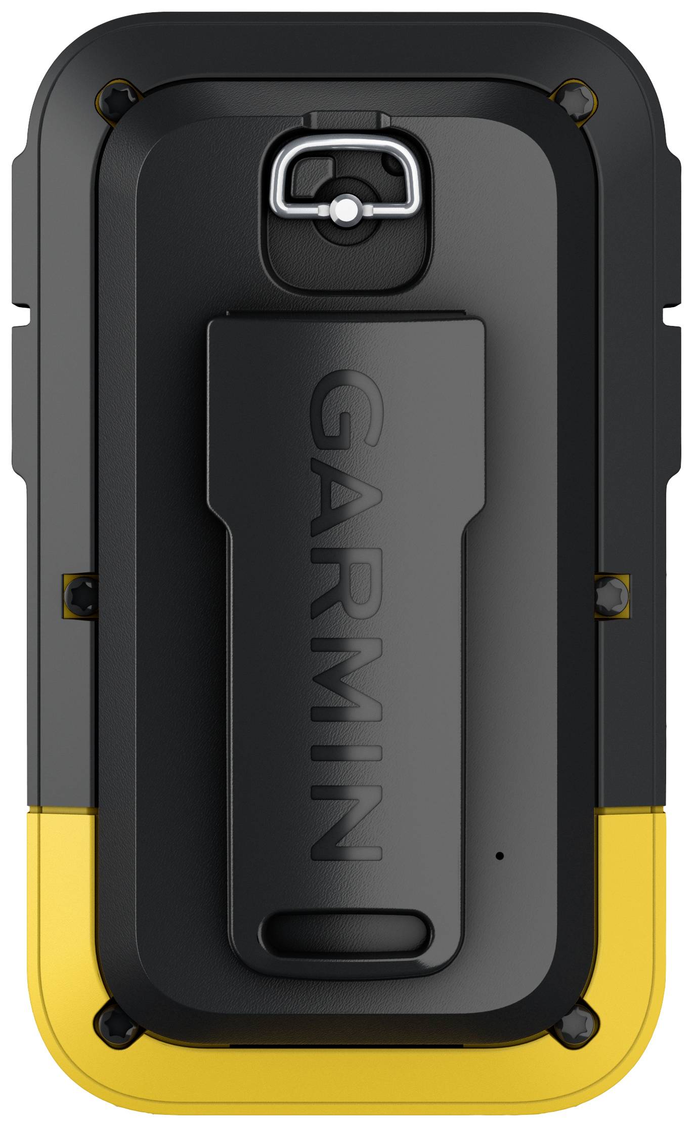 Vista posteriore di un dispositivo GPS giallo con un supporto a clip nero e il nome del marchio 'GARMIN' al centro del supporto.