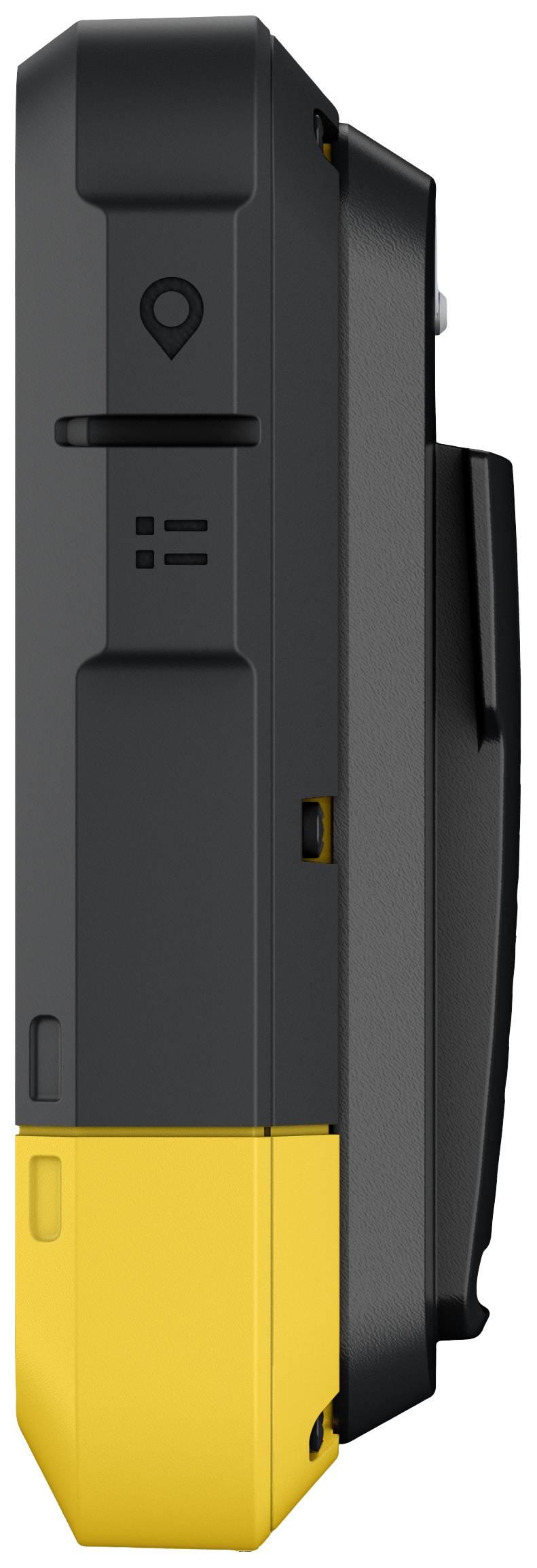 Un dispositivo GPS portatile in nero e giallo, mostrato di lato, con clip e tasto visibili.
