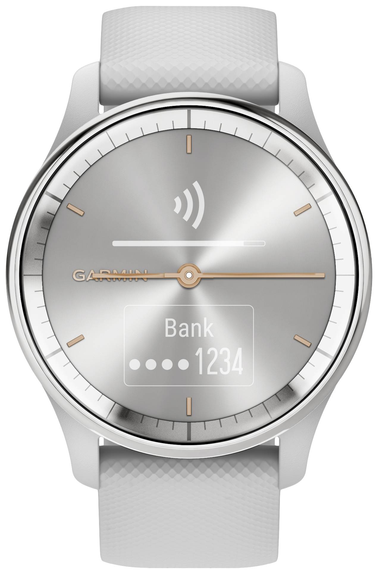 Orologio da polso argentato con display digitale, che mostra 'Banca 1234' e un simbolo di pagamento contactless.