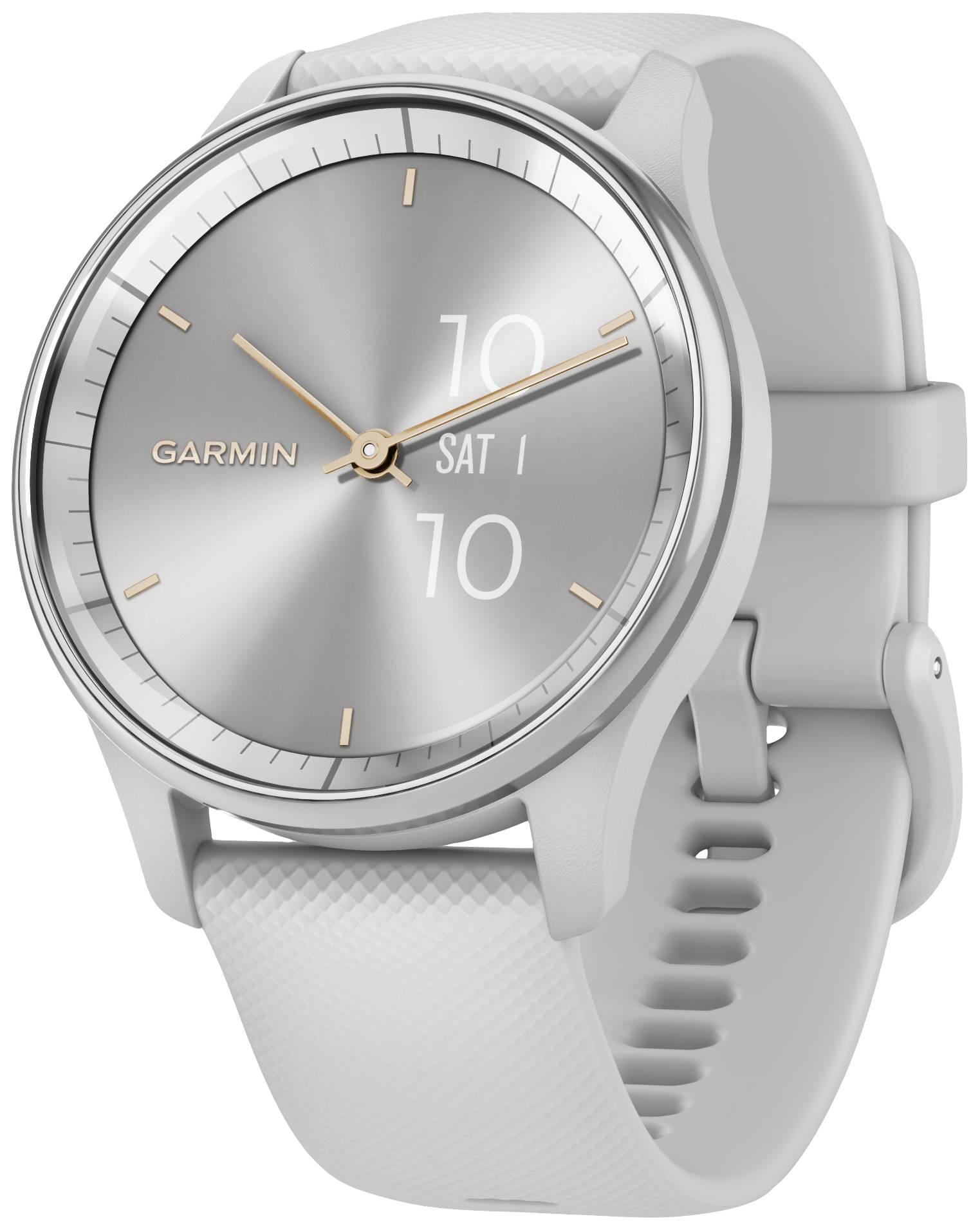 Smartwatch grigia con display rotondo che mostra l'ora '10:10' e la data 'SAT 1'. Marchio 'GARMIN' sul quadrante.