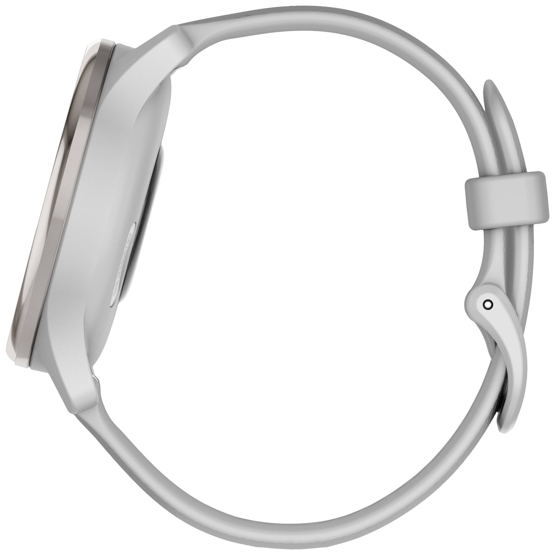 Una vista laterale di uno smartwatch grigio con quadrante rotondo e cinturino grigio.