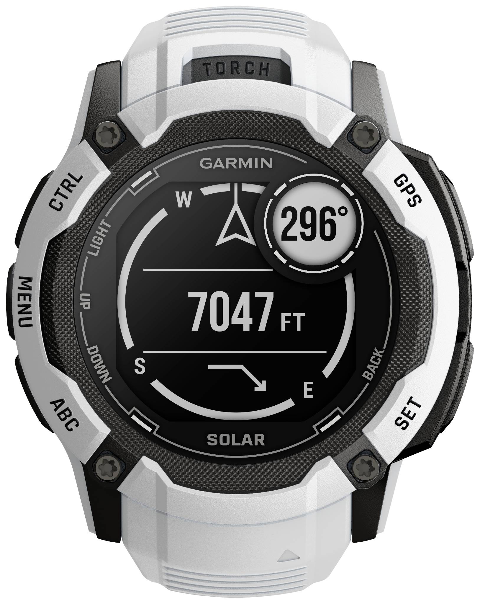Un orologio GPS bianco con schermo rotondo mostra un'altimetria di '7047 FT' e una bussola con '296°'.