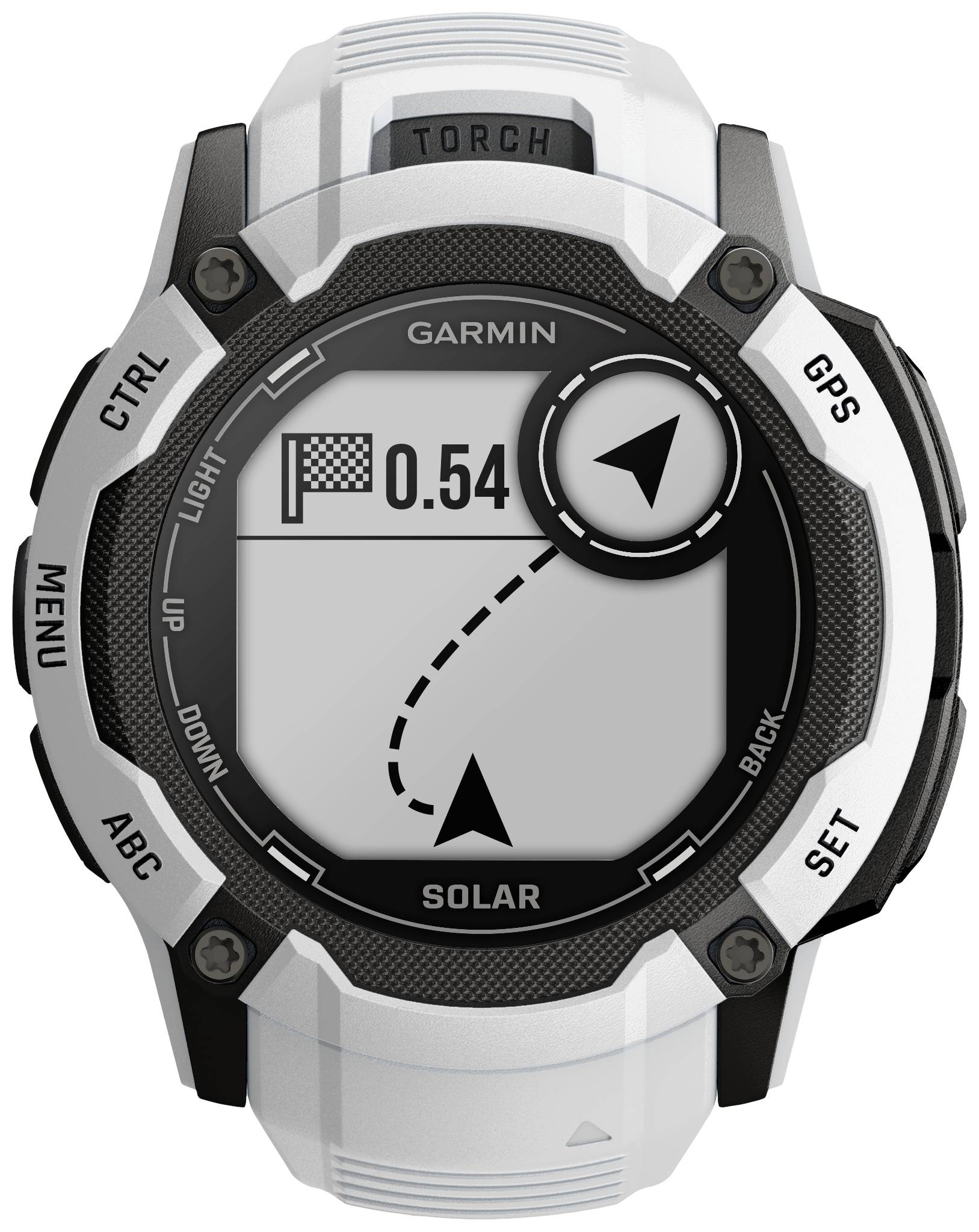 Orologio digitale mostra la navigazione GPS con direzione della freccia e distanza di 0,54 verso una destinazione. Funzioni: Menu, Luce, Solare.