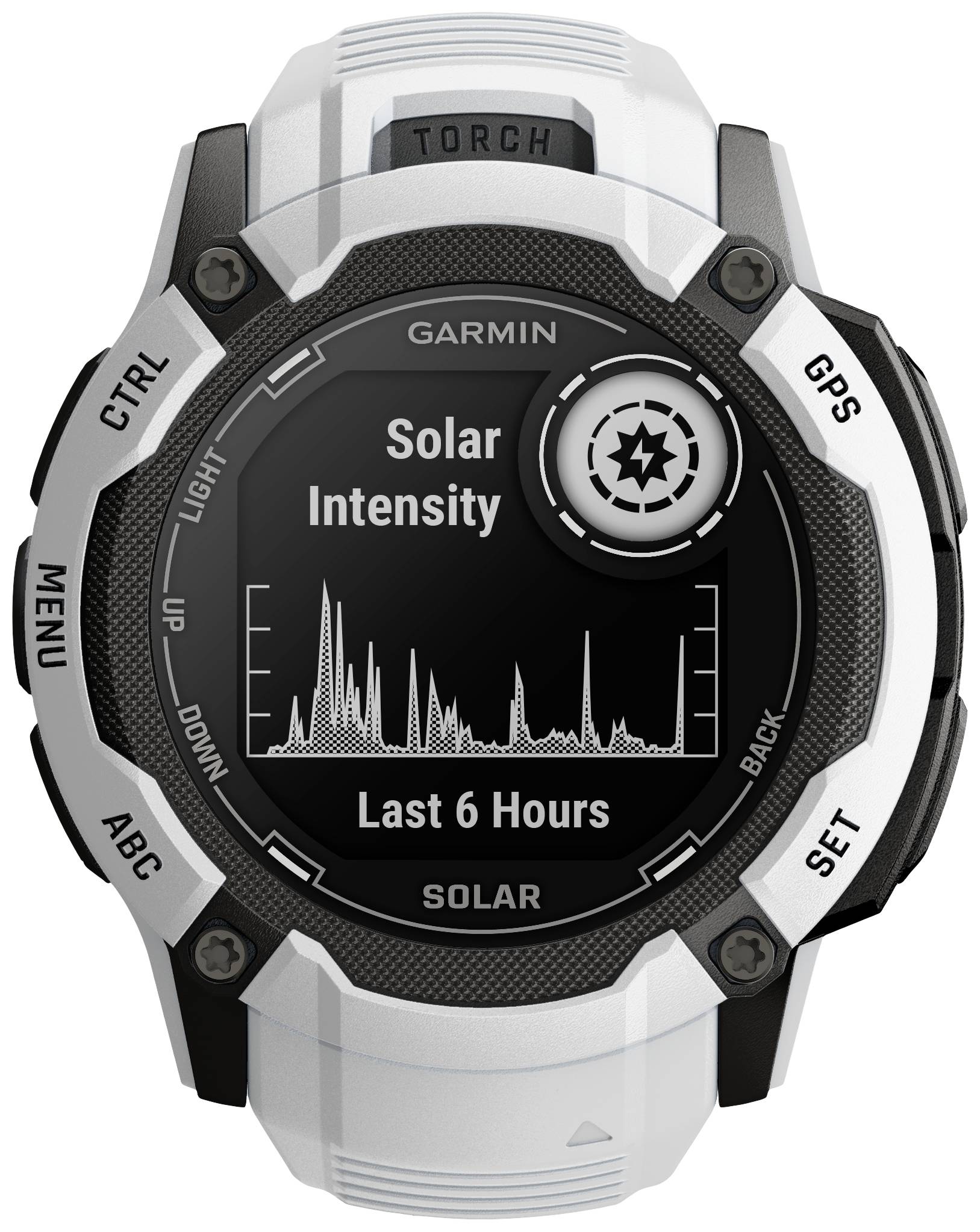 Smartwatch con visualizzazione dell'intensità solare delle ultime 6 ore. Un grafico mostra valori di intensità variabili.