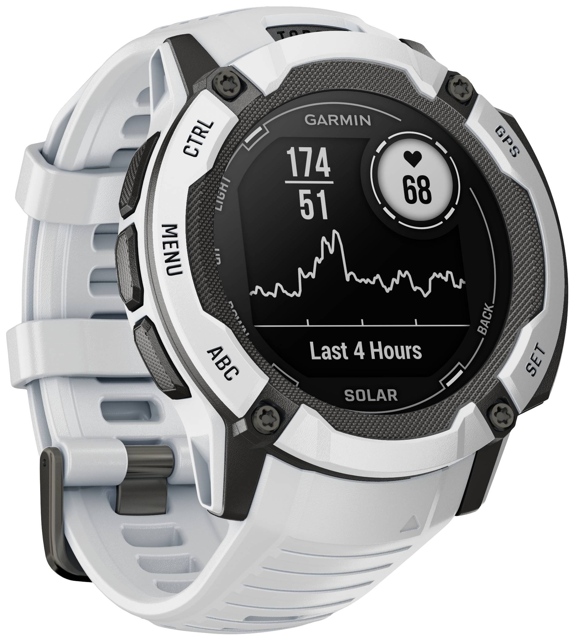 Un orologio sportivo intelligente bianco con display rotondo mostra i dati della frequenza cardiaca, l'attuale battito di 68 e un grafico delle ultime quattro ore.