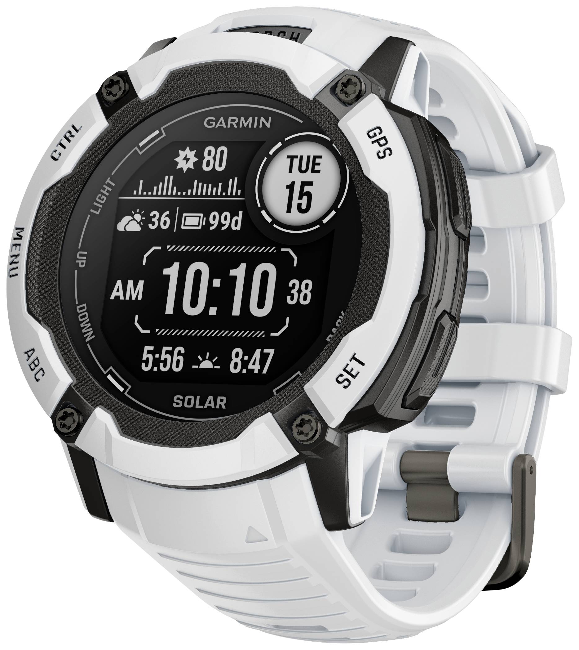 Un smartwatch bianco con quadrante rotondo mostra data, ora, meteo e livello di carica della batteria. Il marchio è visibile sul display.