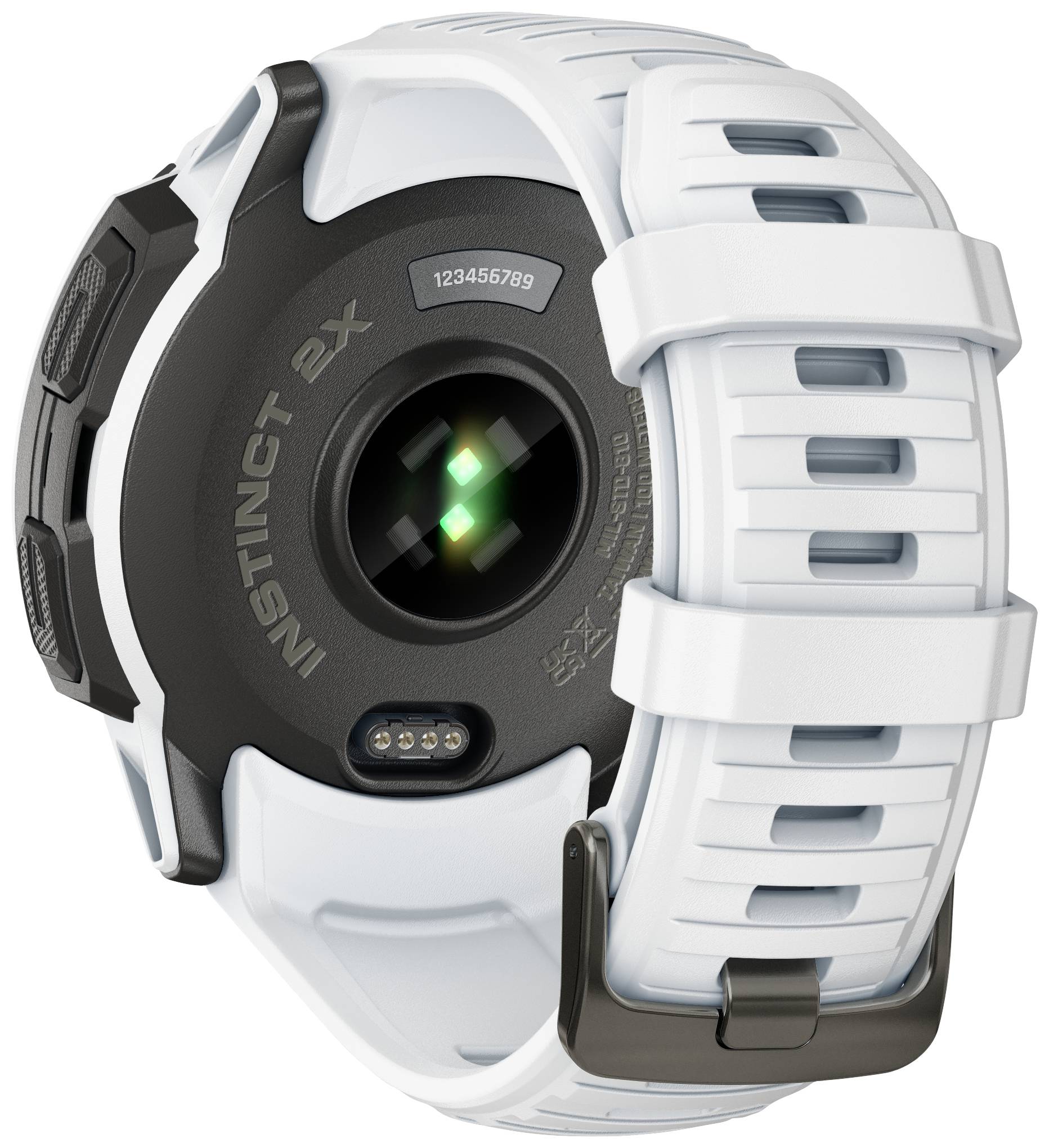 Il retro di un orologio sportivo bianco con un sensore e un punto di ricarica. Visibile il marchio 'INSTINCT 2X' e un numero di serie.
