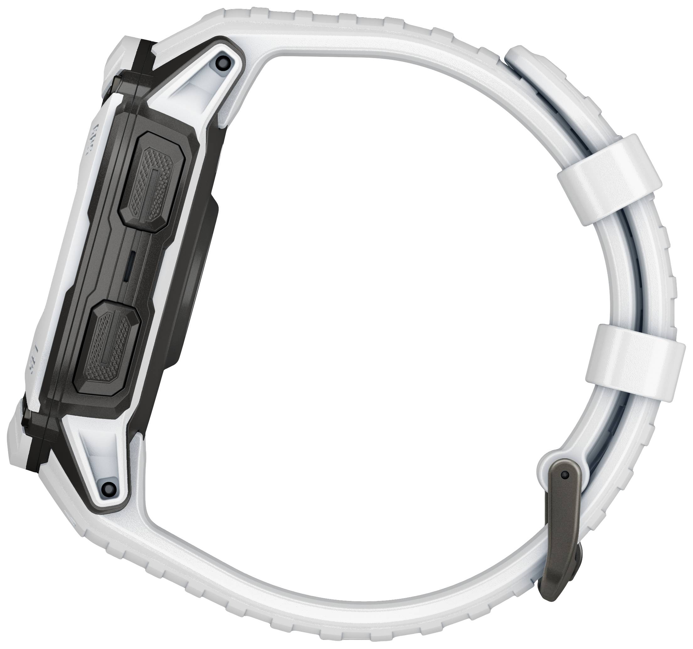 Vista laterale di uno smartwatch argento-bianco con cassa nera, con l'attenzione sul design del cinturino e sul profilo della cassa.