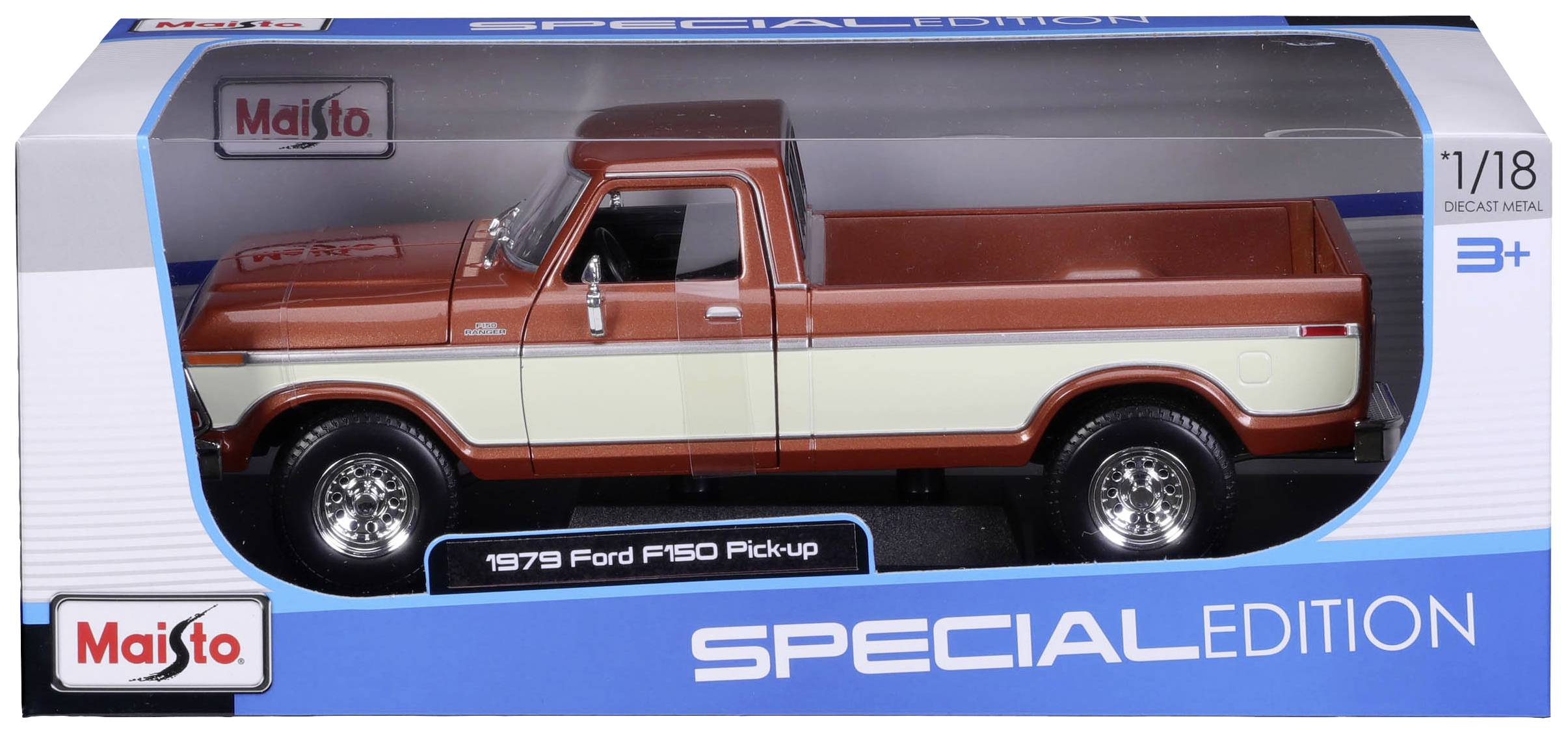 Modello di un pickup Ford F150 del 1979 in rosso e beige in una confezione con la scritta 'Edizione Speciale'.