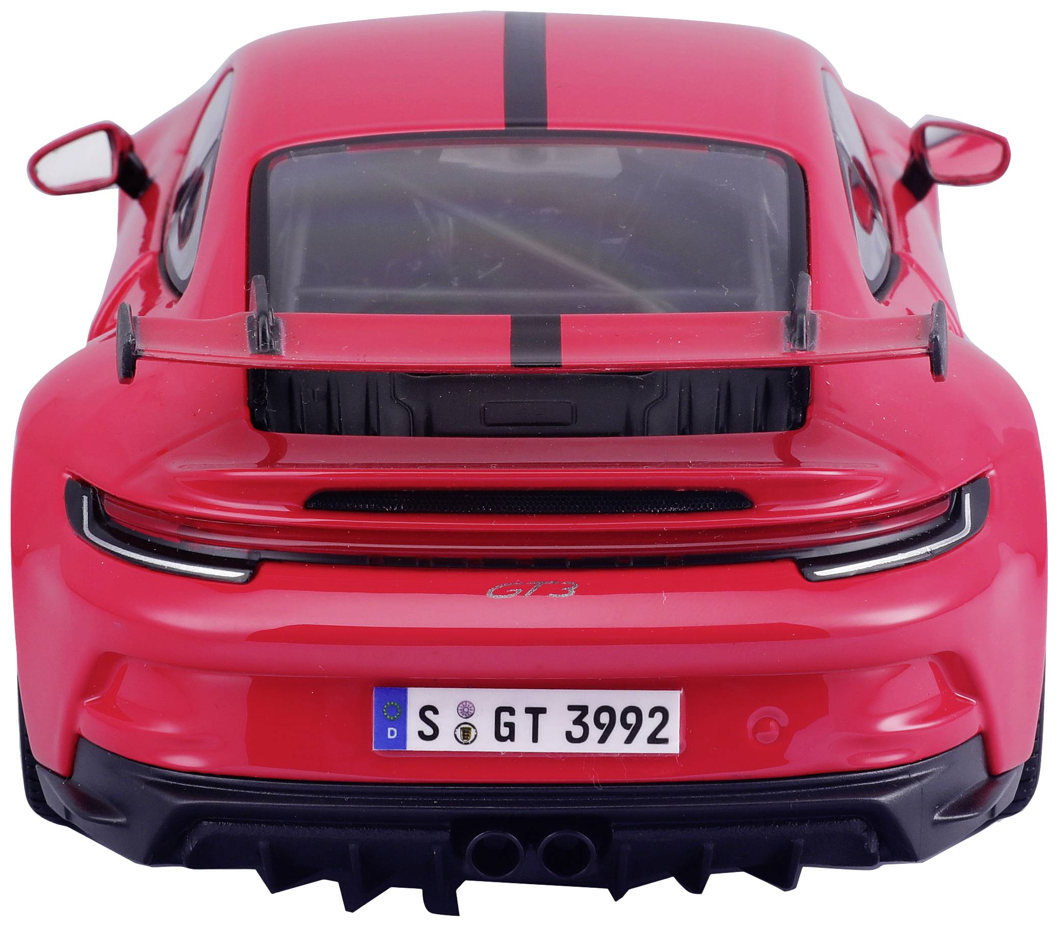 Macchina sportiva rossa vista da dietro, con striscia nera e spoiler. Targa 'S GT 3992'.