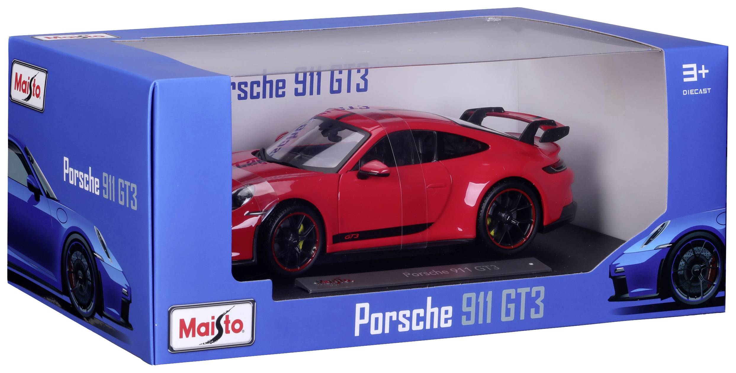 Modellino di un'auto sportiva Porsche 911 GT3 di colore rosso, confezionato in una scatola blu con finestra trasparente, adatto a bambini dai 3 anni in su.