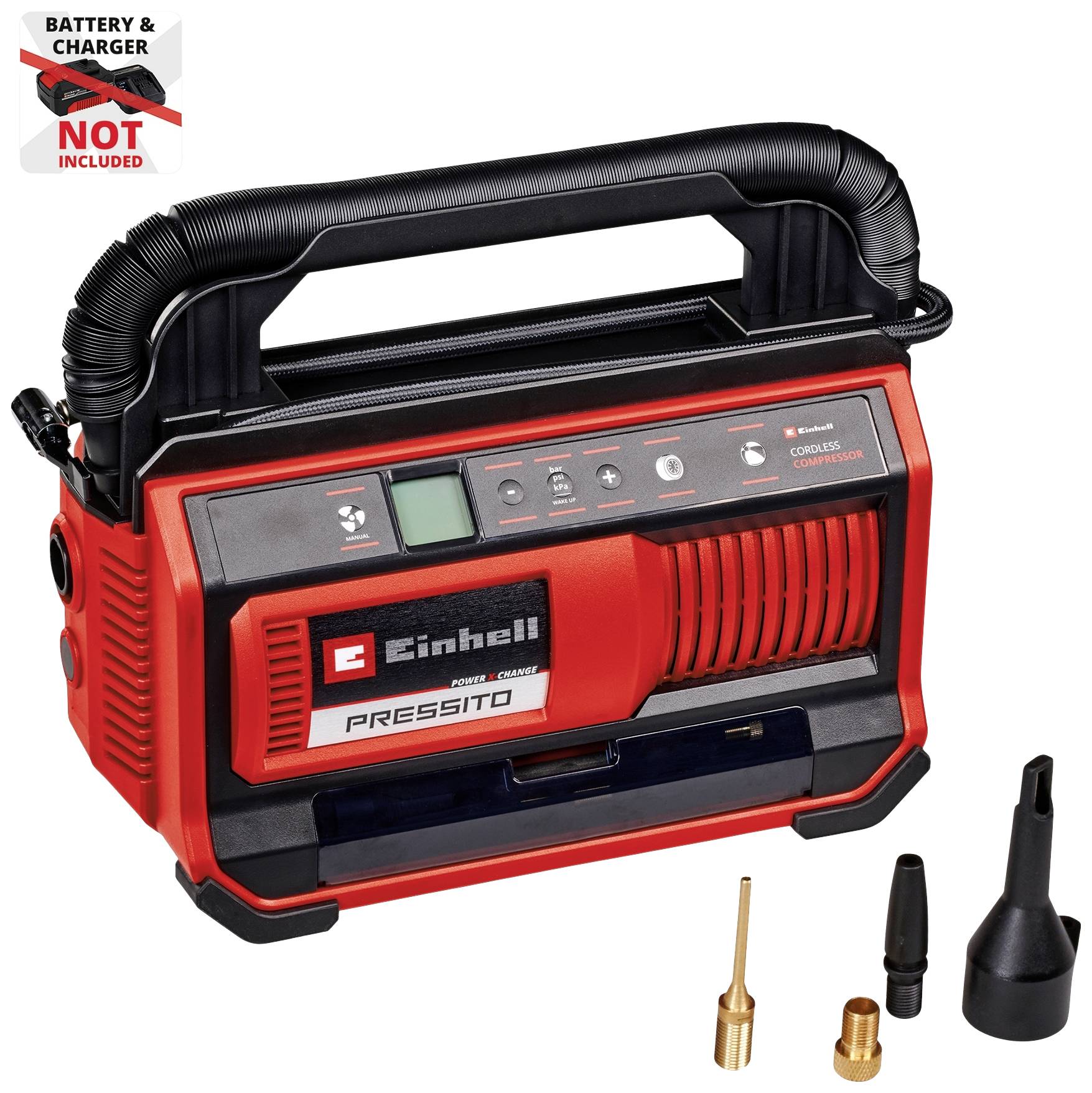 Compressore Einhell, senza cavi. Involucro rosso con display digitale. Accessori: diverse ugelle. Nota: batteria e caricabatterie non inclusi.