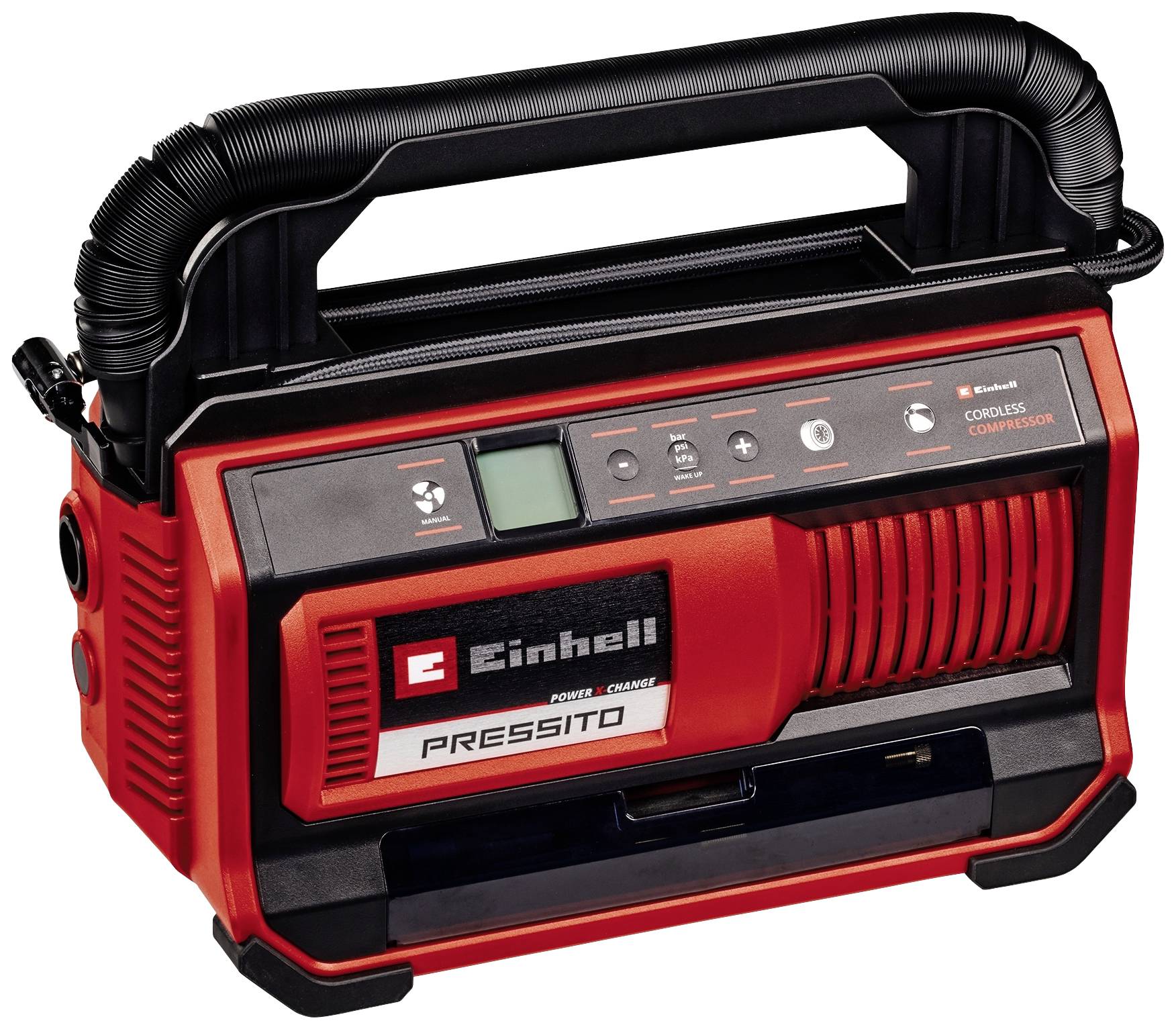 Compressore portatile rosso con manico nero. Marca 'Einhell', modello 'Pressito'. Struttura compatta, adatto per utilizzi mobili.