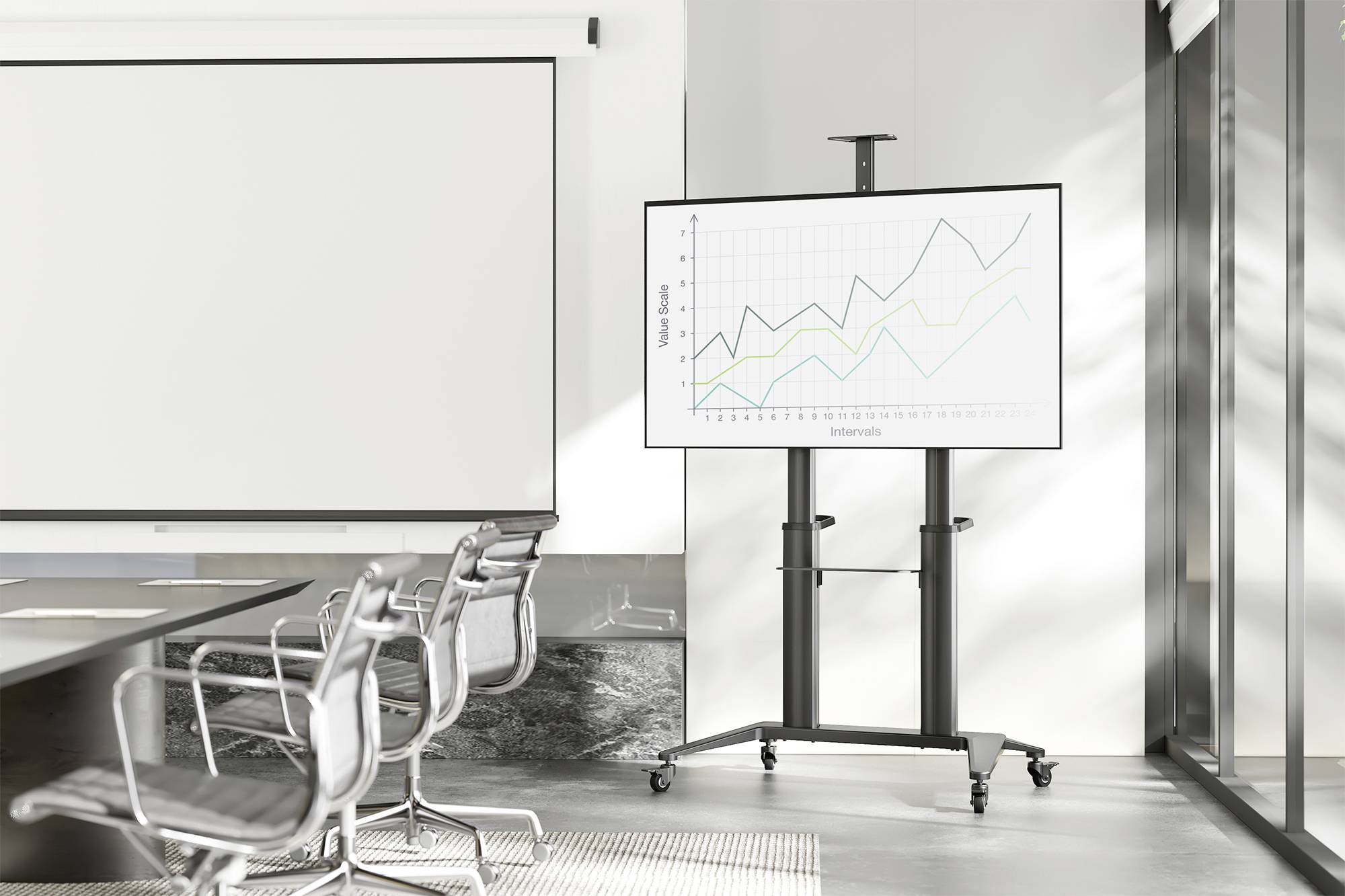 Sala conferenze moderna con grafica sullo schermo che mostra l'andamento crescente delle vendite in un diagramma, con tre sedie vuote davanti.