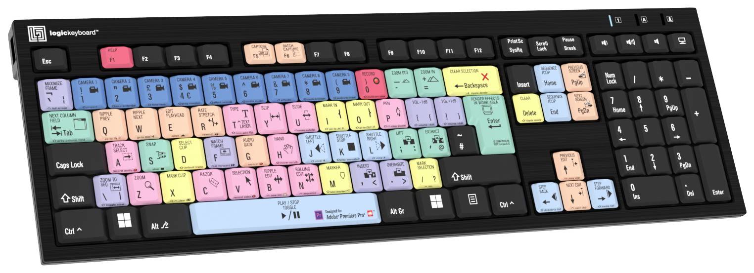 Tastiera con tasti colorati che rappresentano scorciatoie per Adobe Premiere Pro. Ogni colore corrisponde a una funzione diversa.