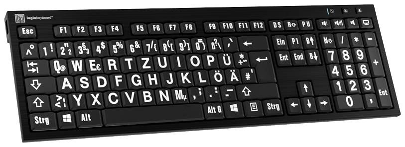 Una tastiera tedesca nera con grandi lettere e numeri bianchi. Sono visibili etichette aggiuntive per i tasti funzione e i simboli.